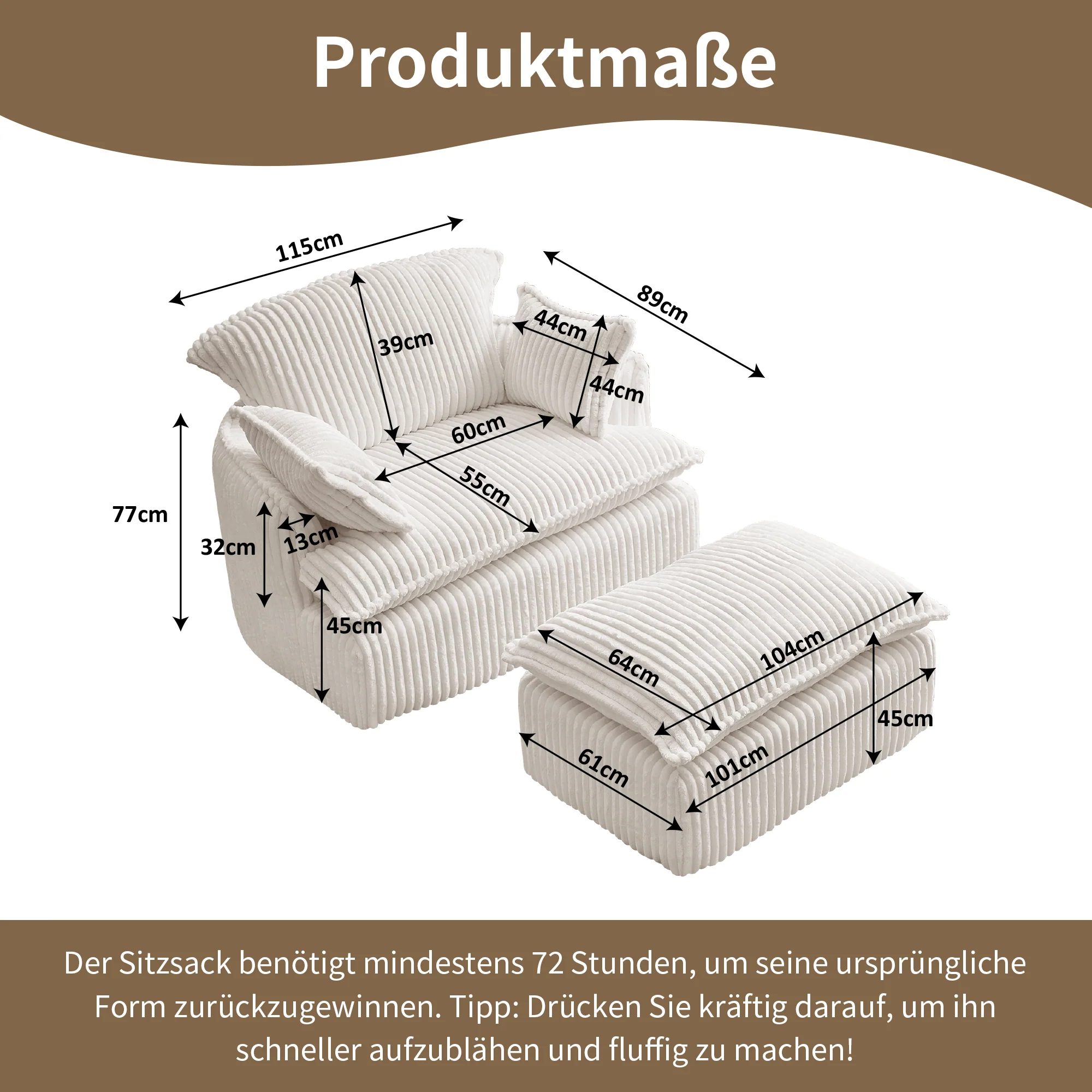 Cloud Sofa Armchair with Footstool, Compact Convertible Armchair for Small Spaces, Soft Corduroy Fabric - Image 2
