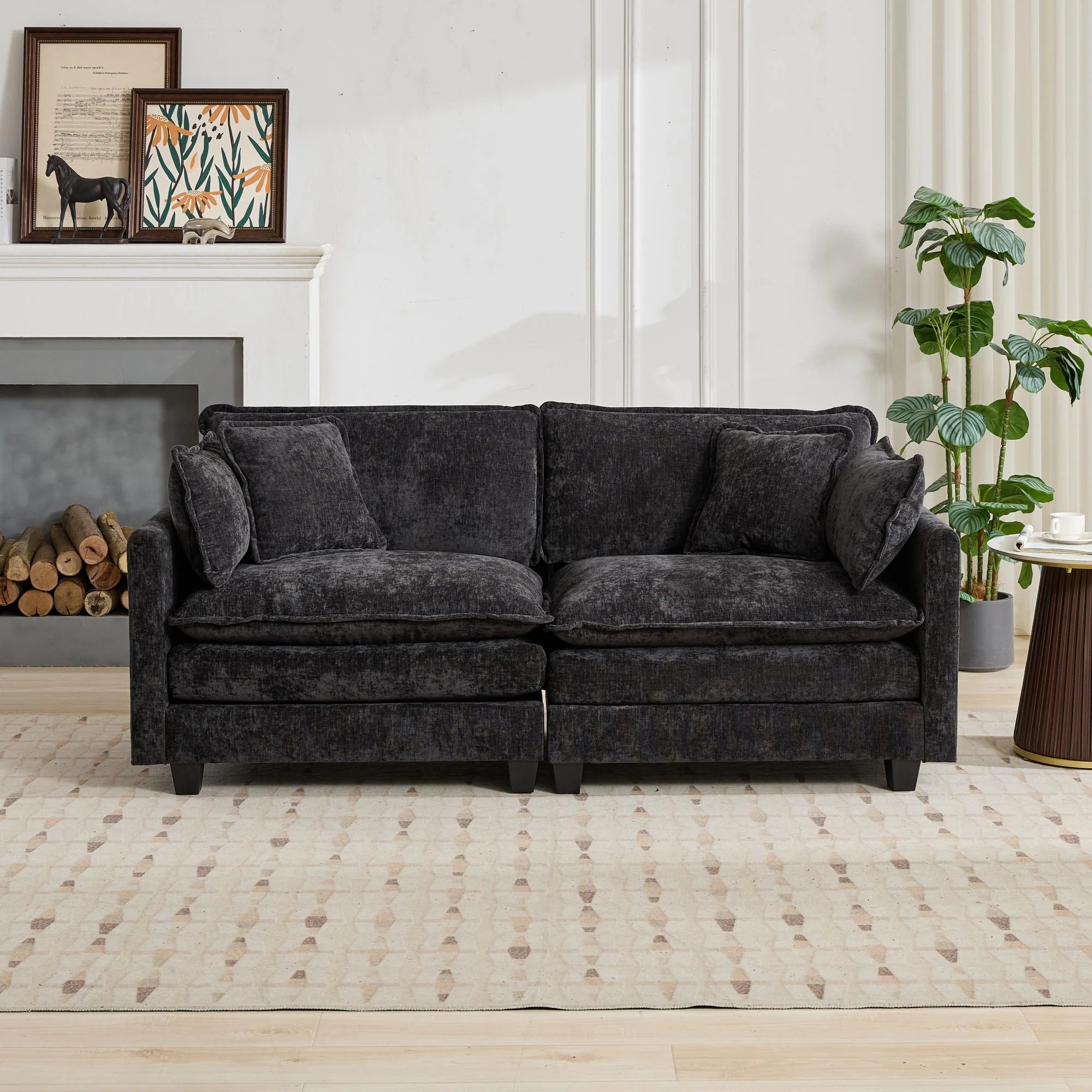 Cloud Sofa Loveseat, Modern Sectional Couch with Double Layer Cushions, Black Chenille Fabric - Image 2