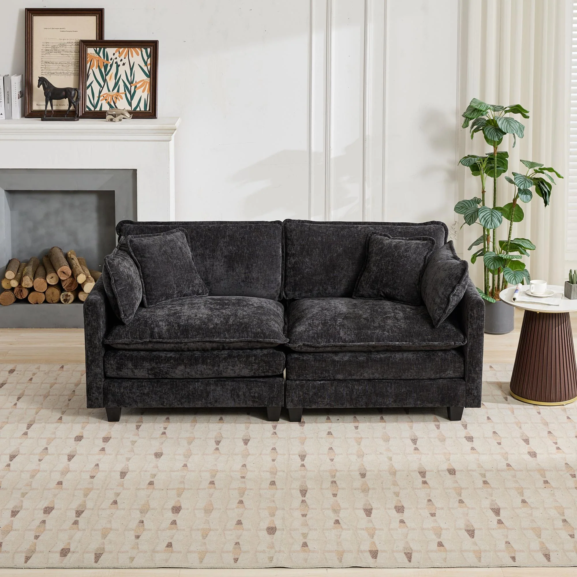 Cloud Sofa Loveseat, Modern Sectional Couch with Double Layer Cushions, Black Chenille Fabric - Image 3