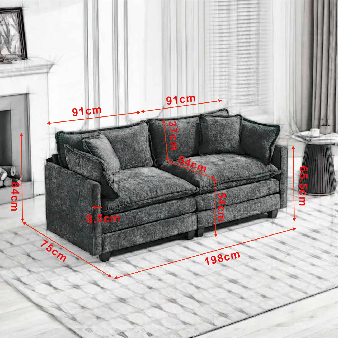 Cloud Sofa Loveseat, Modern Sectional Couch with Double Layer Cushions, Black Chenille Fabric - Image 5
