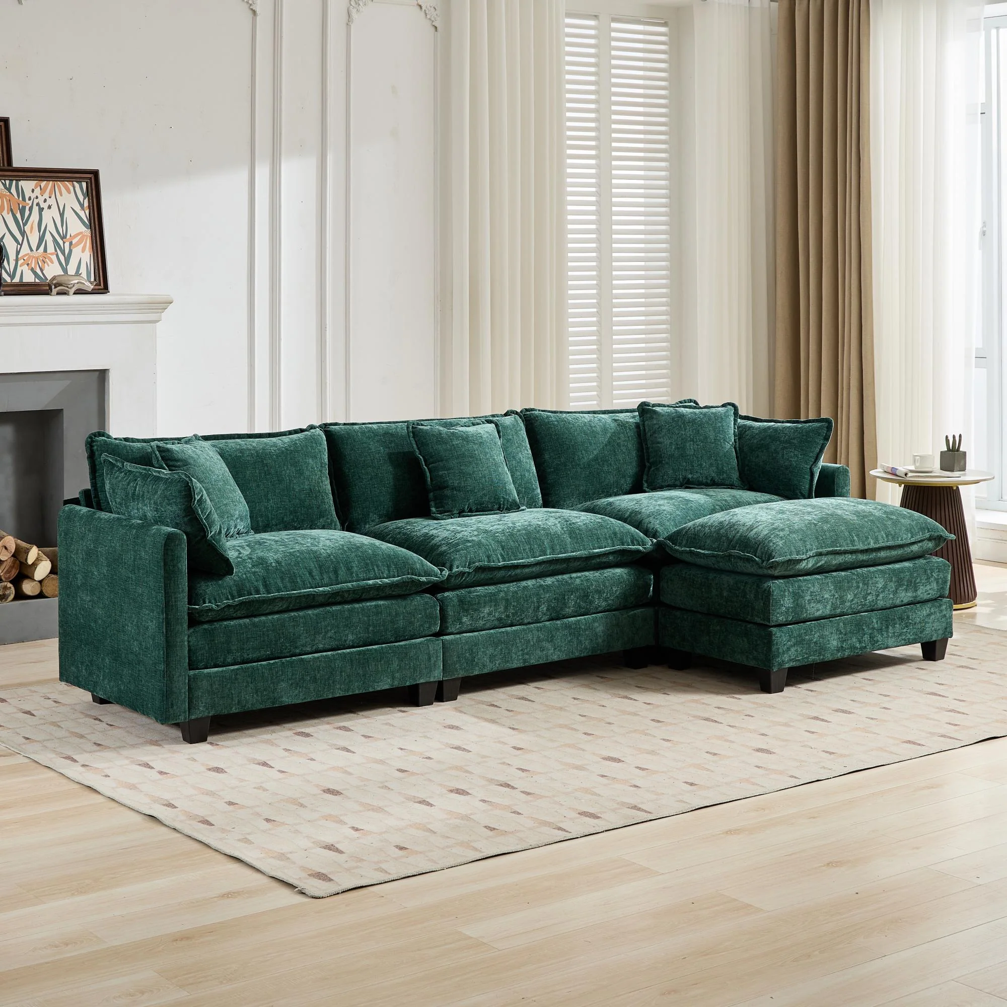 Cloud Sofa Ottoman Modern Sectional Couch Double Layer Upholstered Cushion Chenille Green - Image 6