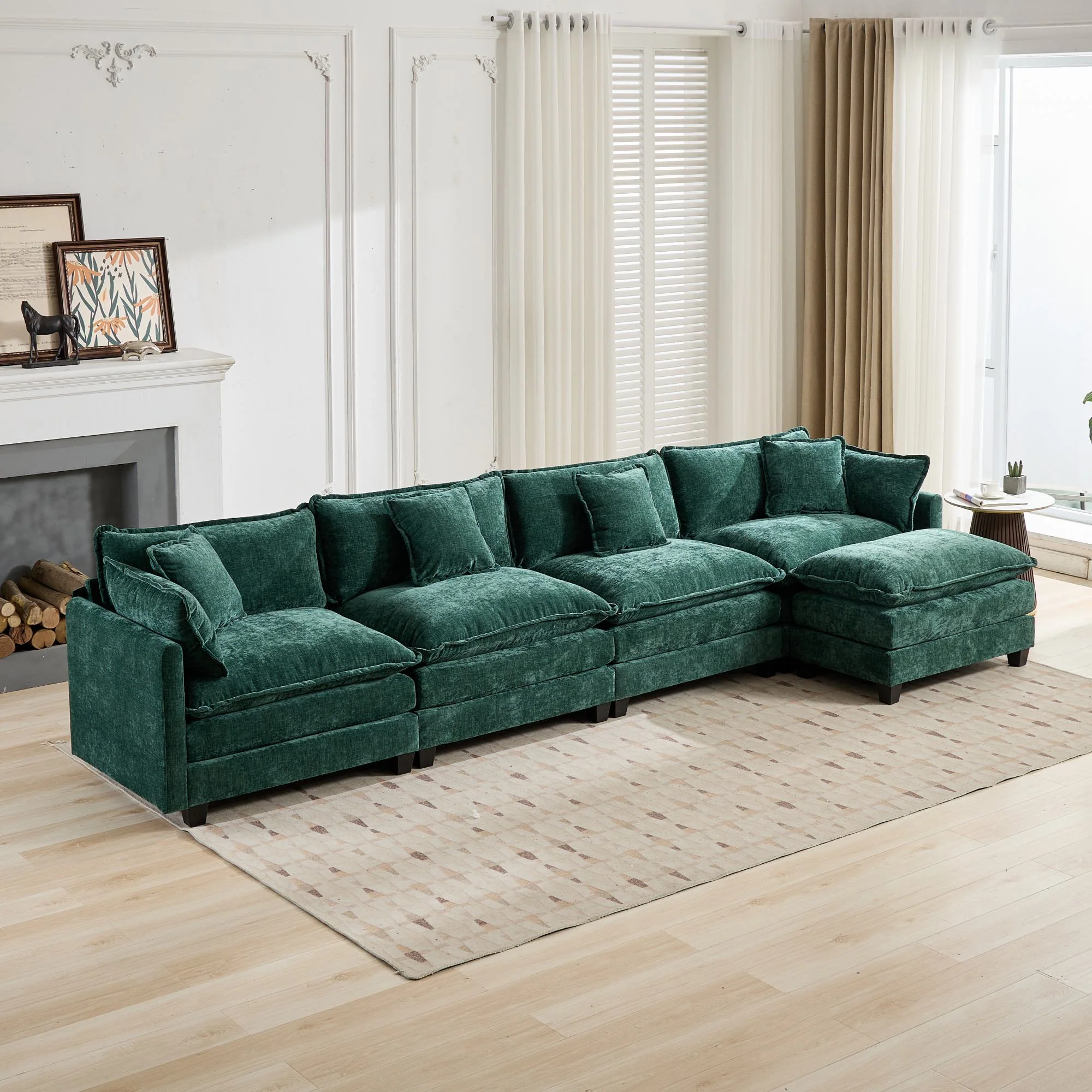 Cloud Sofa Ottoman Modern Sectional Couch Double Layer Upholstered Cushion Chenille Green - Image 7