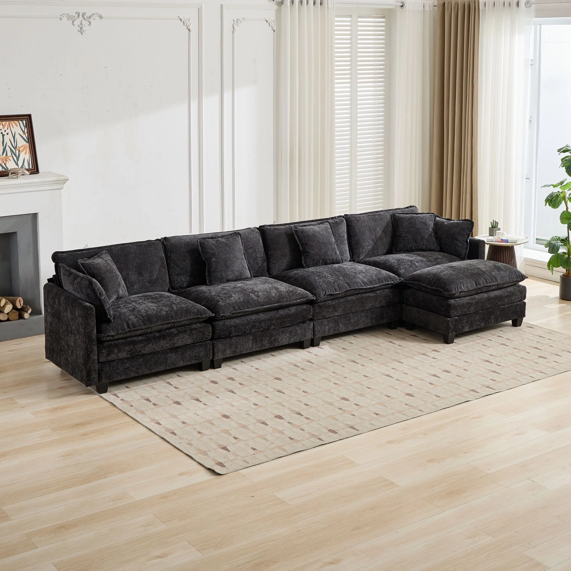Cloud Sofa Ottoman - Modern Sectional Double Layer Cushion - Black Chenille - Image 7