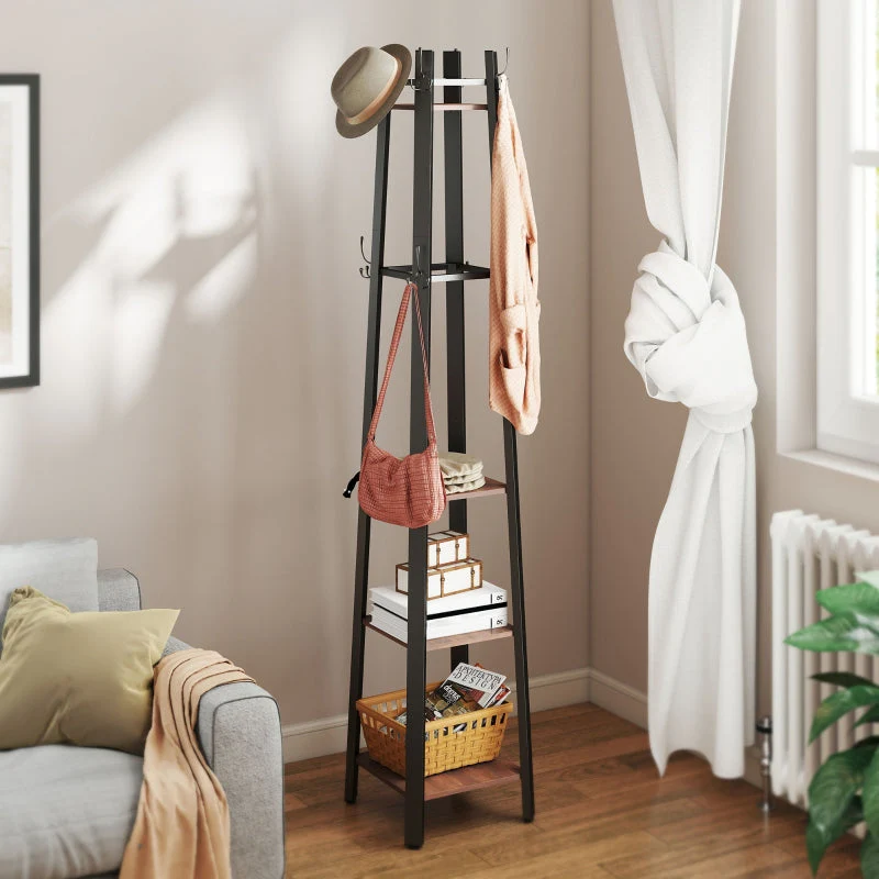 Coat Rack, 4-Tier Freestanding with 8 Hooks and 4 Shelves, Industrial Style, Brown - Image 6