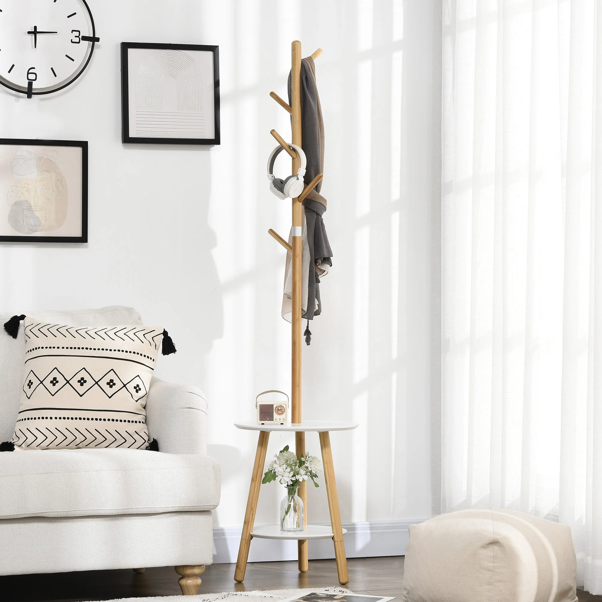 Coat Rack, 5 Hooks, Side Table, 171cm, Natural White - Image 2