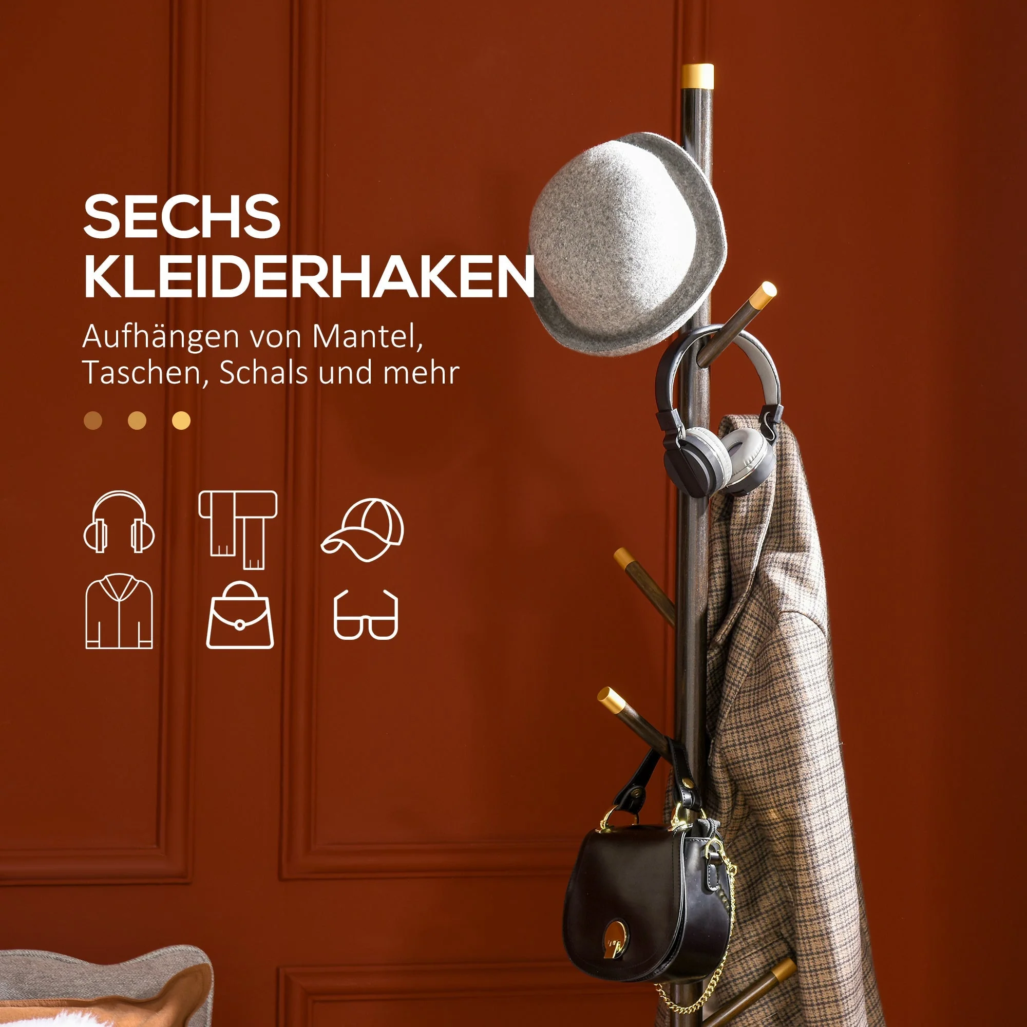Coat Rack, 6 Hooks, Freestanding, Walnut - Image 5