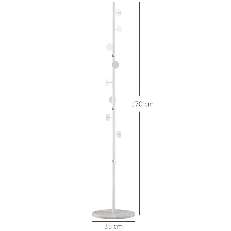 Coat Rack Free Standing Hall Tree 8 Round Disc Hooks Steel with Marble Base, White - Image 3