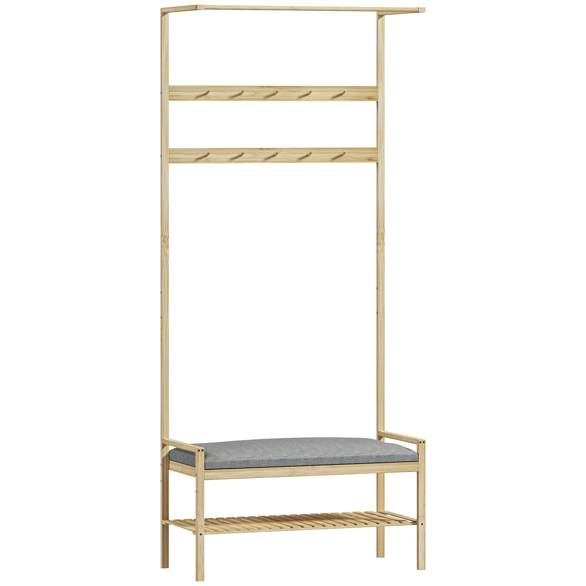 Coat Rack with Shoe Bench, Hooks, Shoe Rack, Seat Cushion, Bamboo, Natural - Image 2