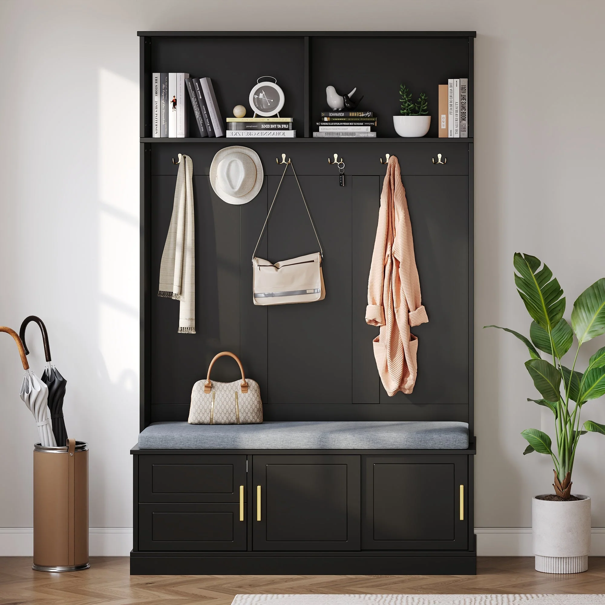 Coat rack with shoe bench wardrobe, 6 triple hooks, freestanding, space-saving, black