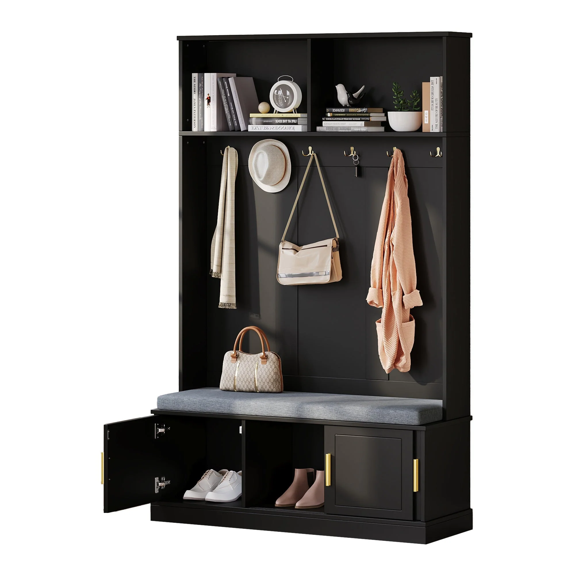 Coat rack with shoe bench wardrobe, 6 triple hooks, freestanding, space-saving, black - Image 9