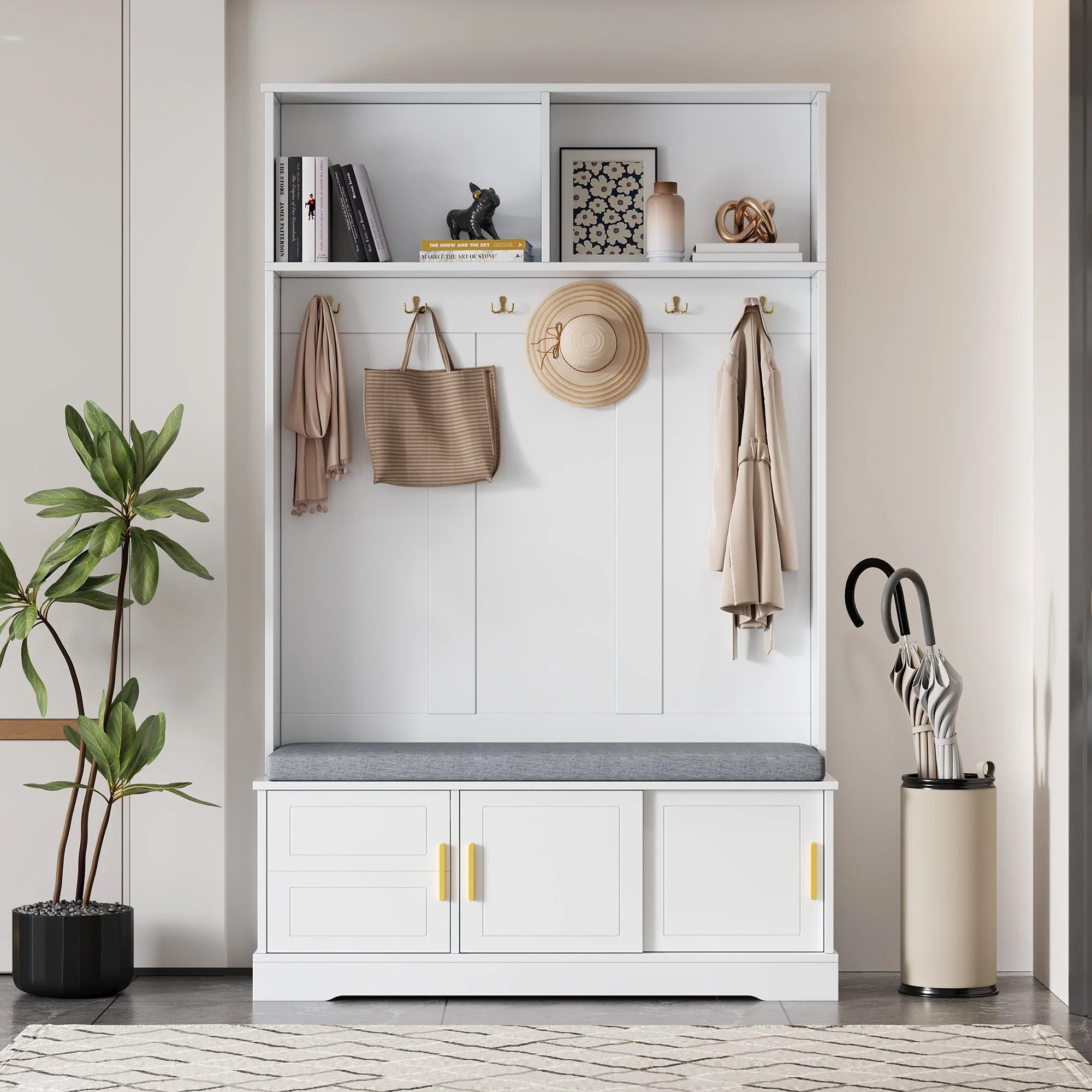 Coat rack with shoe bench, wardrobe, 6 triple hooks, freestanding, space-saving, white - Image 3