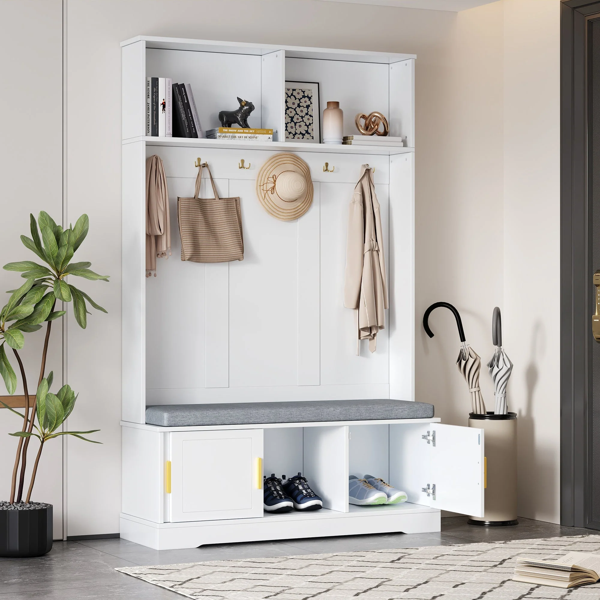 Coat rack with shoe bench, wardrobe, 6 triple hooks, freestanding, space-saving, white - Image 4