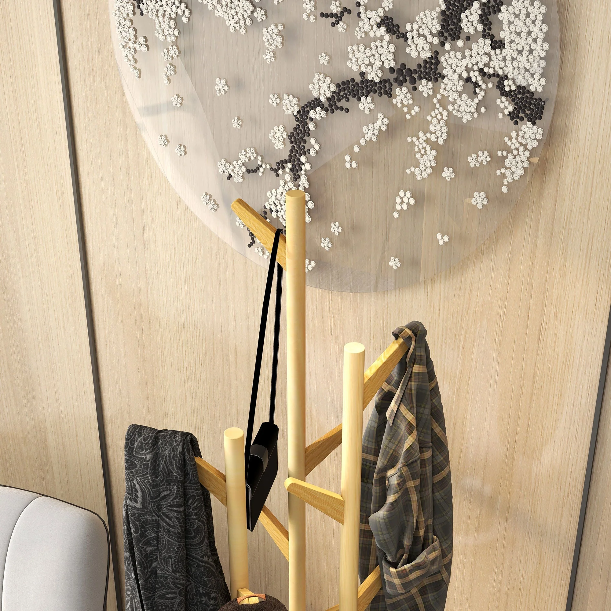 Coat Rack with Umbrella Stand, 13 Hooks, Metal and Bamboo, Natural and White - Image 7