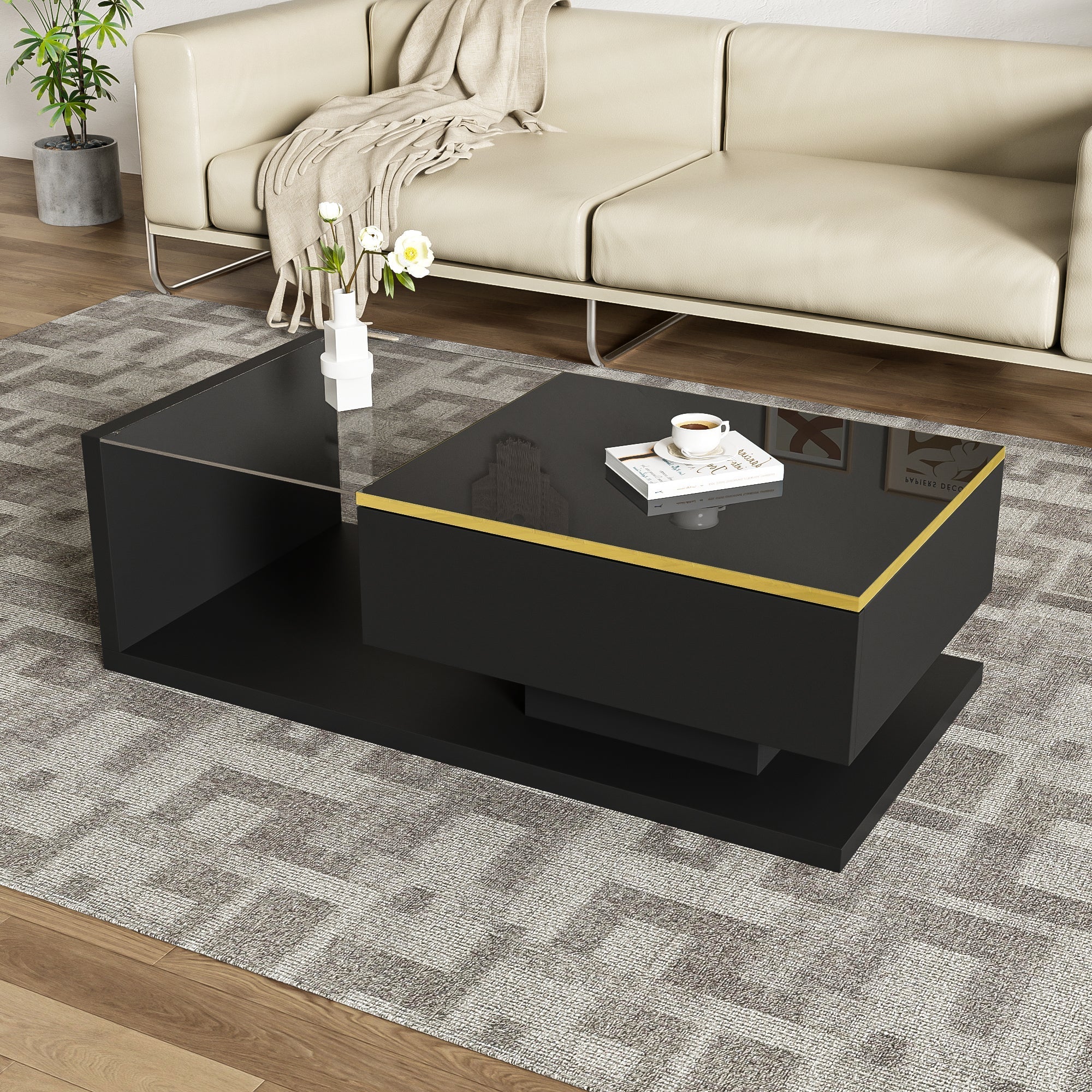 Coffee Table 100cm Long Glass LED Effect High-Gloss Black - Image 2