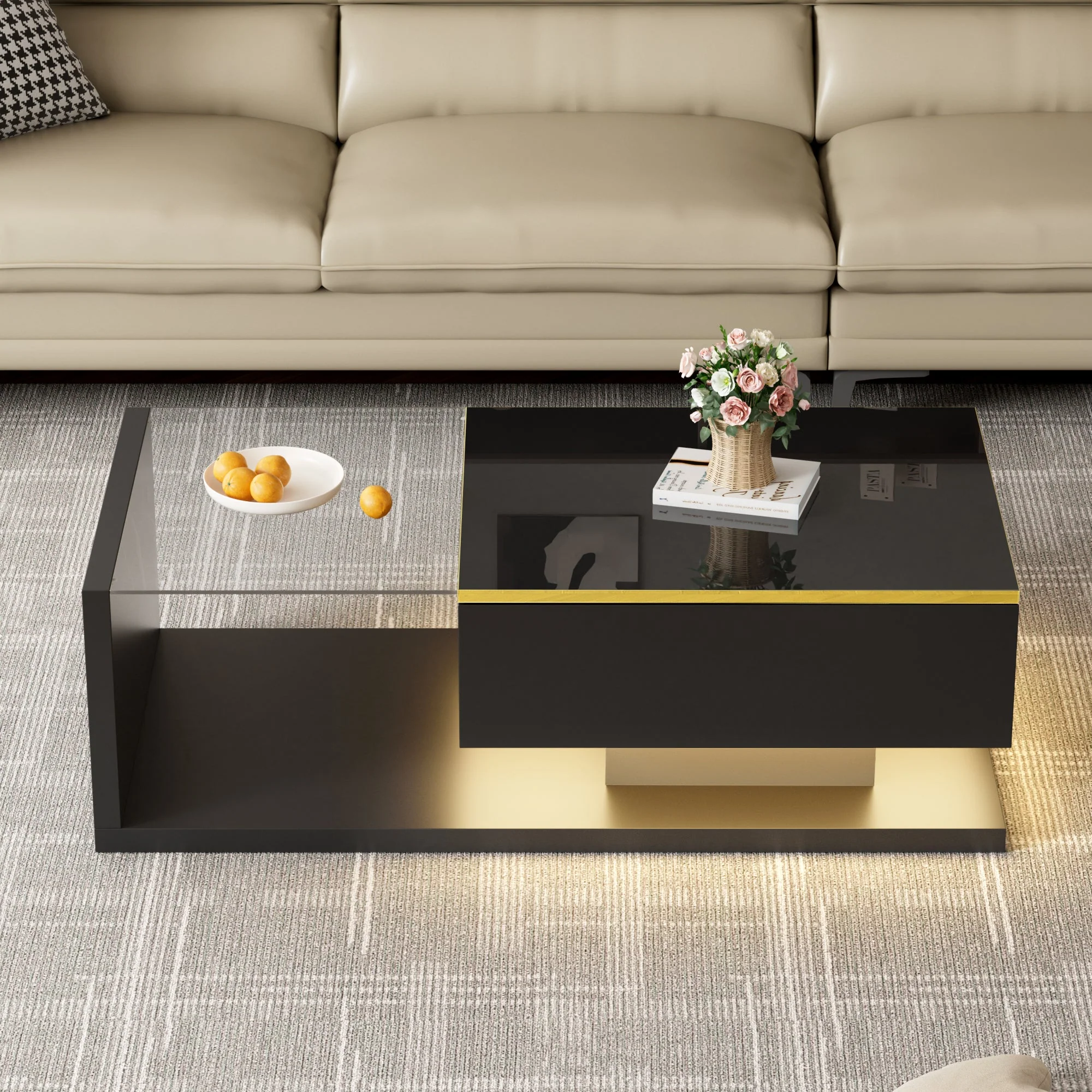 Coffee Table 100cm Long Glass LED Effect High-Gloss Black - Image 6
