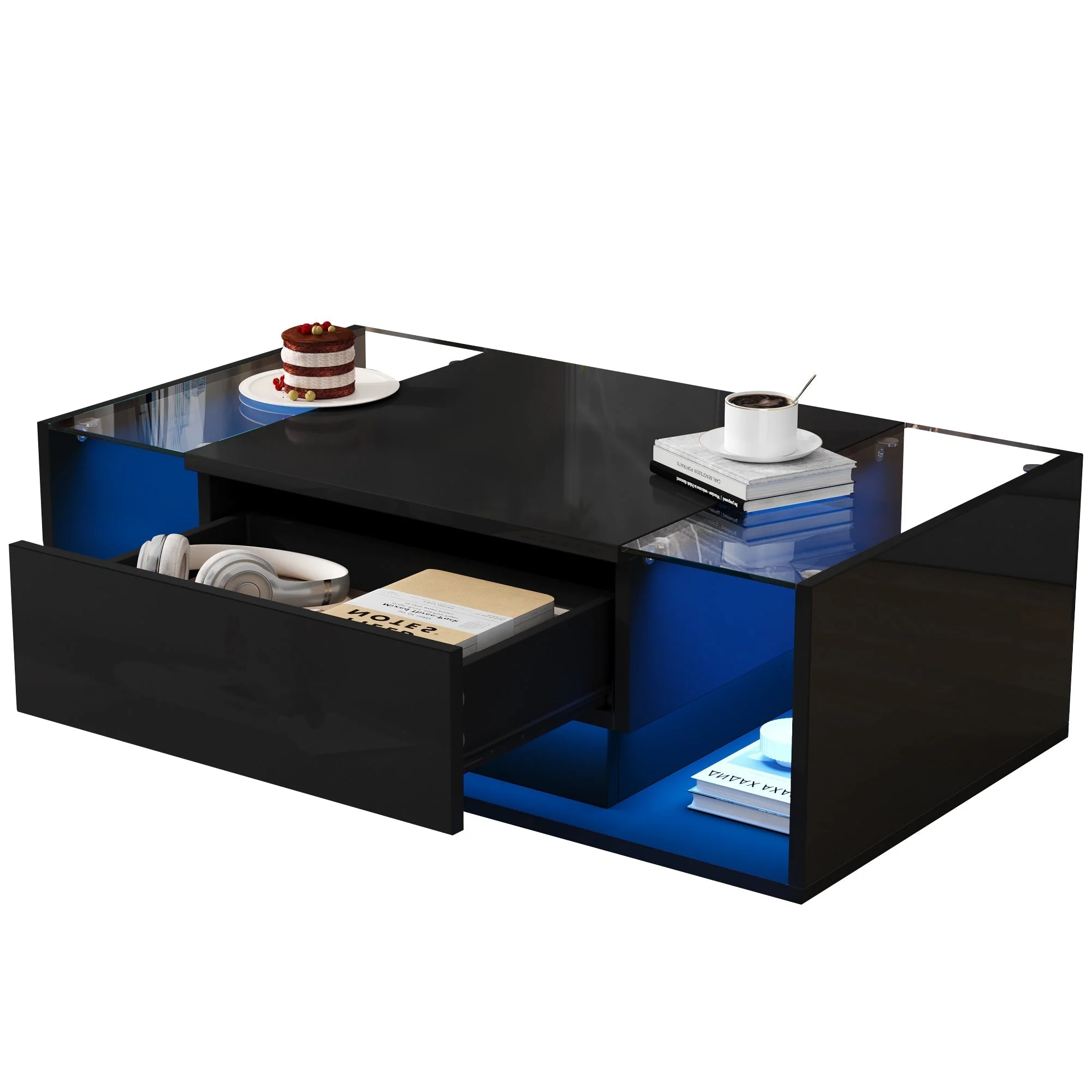 Coffee Table 100x50x31cm Drawer LED Light Tempered Glass, High-Gloss Black - Image 4