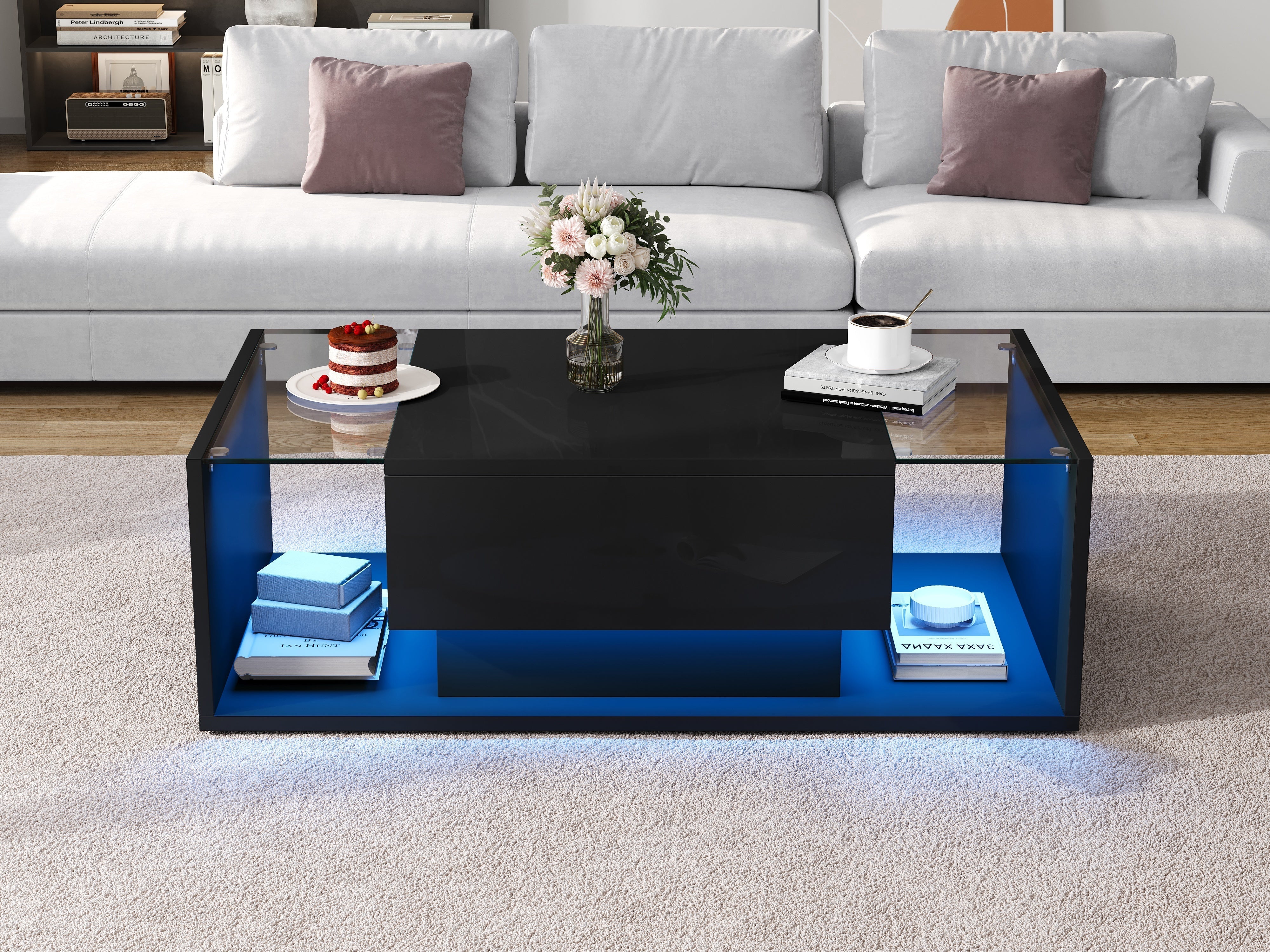 Coffee Table 100x50x31cm Drawer LED Light Tempered Glass, High-Gloss Black - Image 5