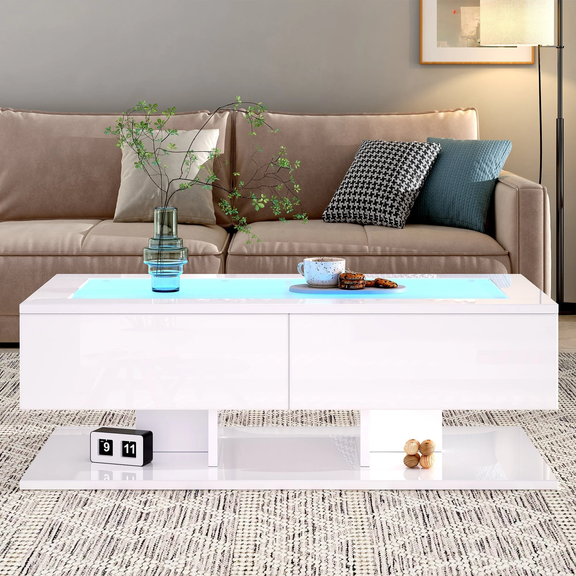 Coffee Table 100x50x35cm, High-Gloss with Drawers, LED Light & Glass Top, White - Image 3
