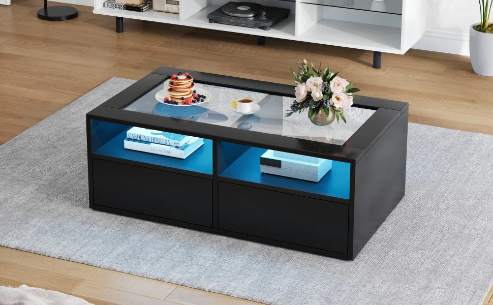 Coffee Table 100x50x35cm LED Light 2 Drawers Glass Storage Black - Image 10