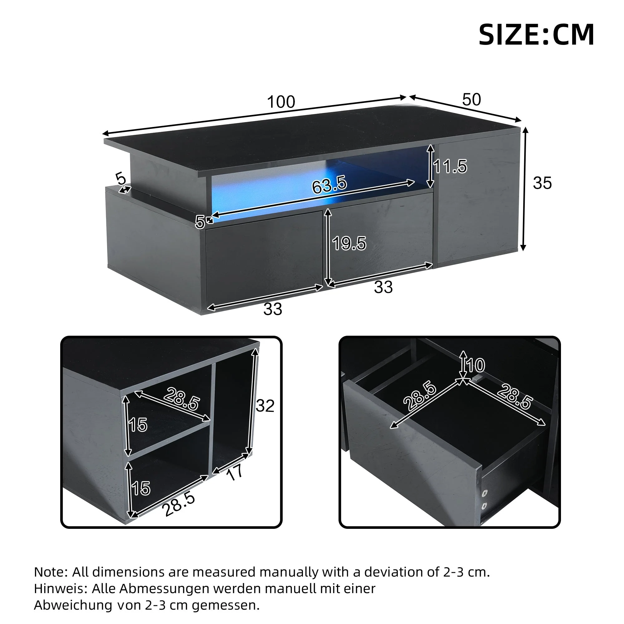 Coffee Table 100x50x35cm LED Lighting 2 Drawers 60kg Black - Image 5