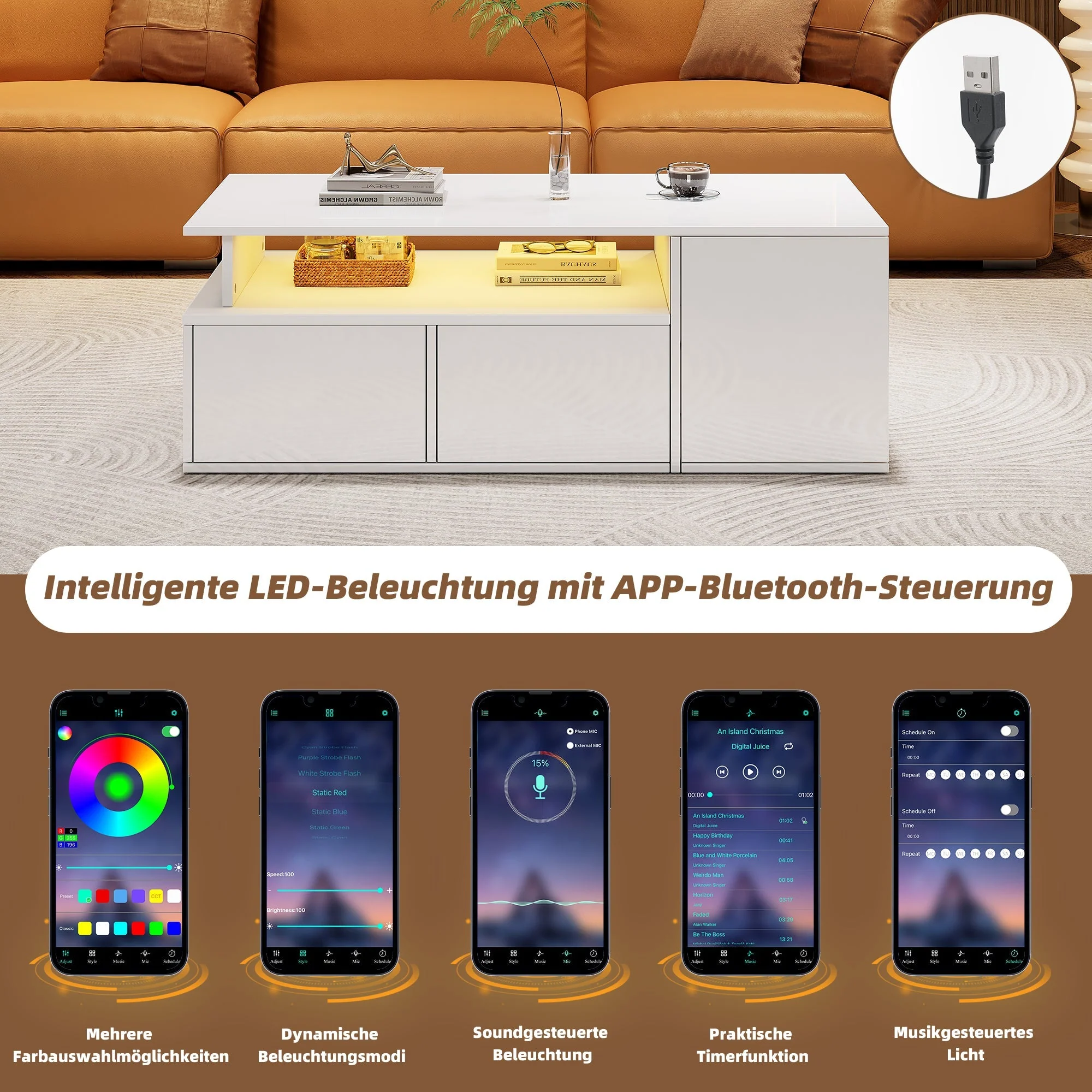 Coffee Table 100x50x35cm LED Lighting 2 Drawers, White - Image 4