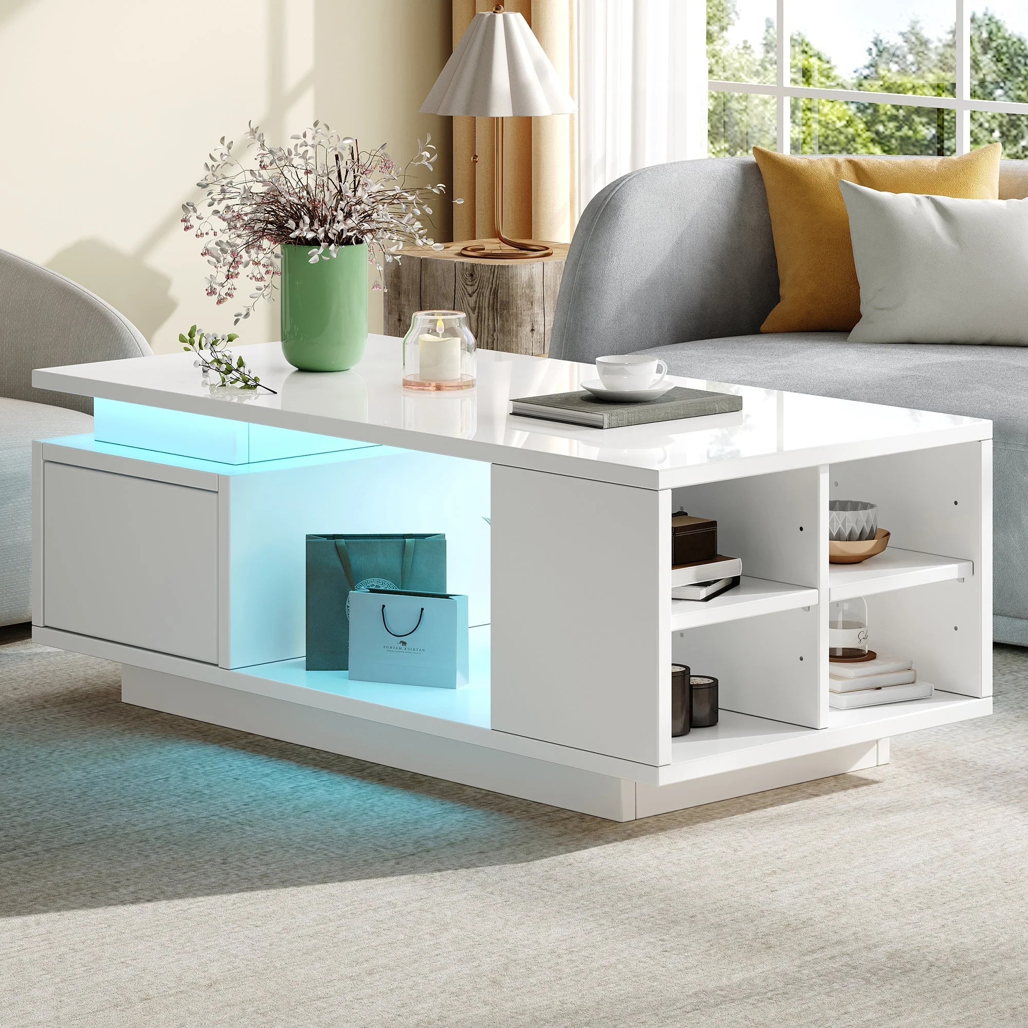 Coffee Table 100x50x36cm High-Gloss LED Side Table with Drawer and Storage White - Image 2