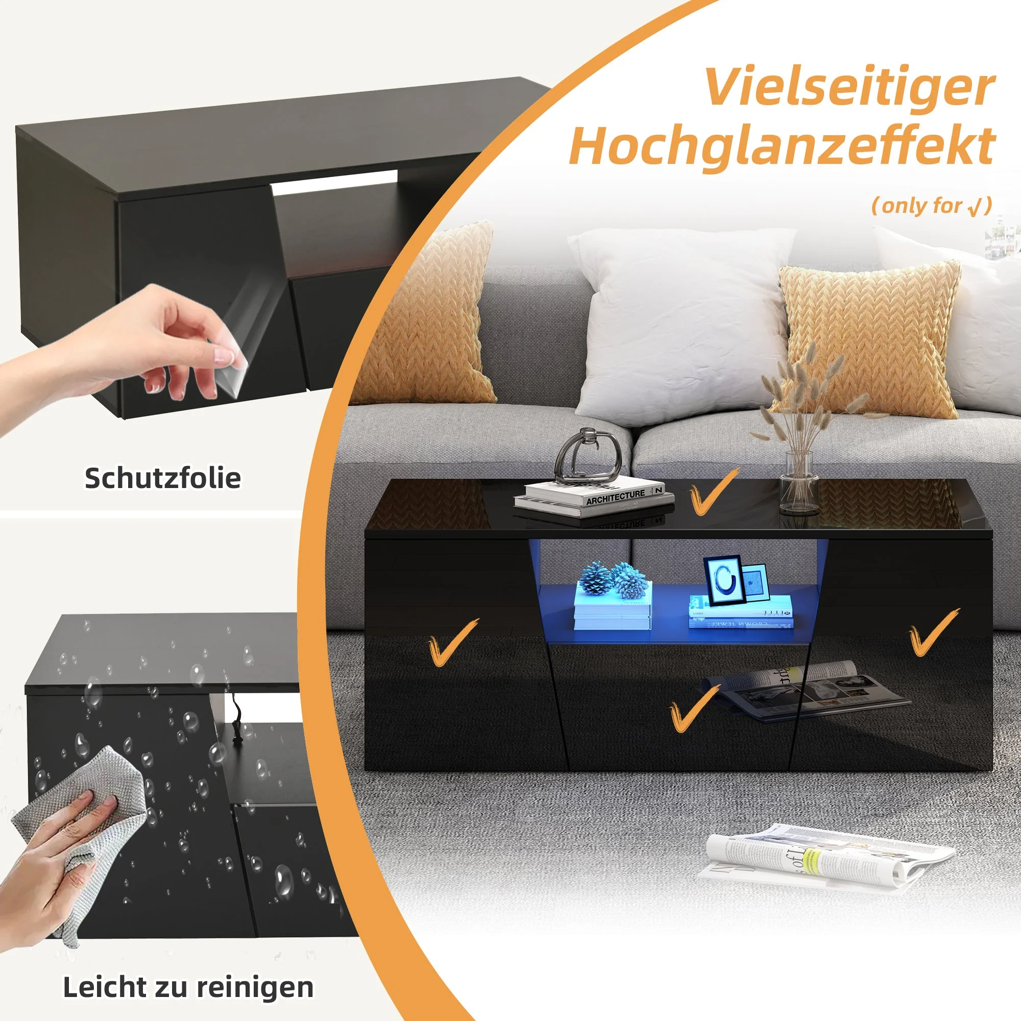Coffee Table 100x50x40cm, LED Light, 2 Cabinets, 1 Drawer, Black - Image 7