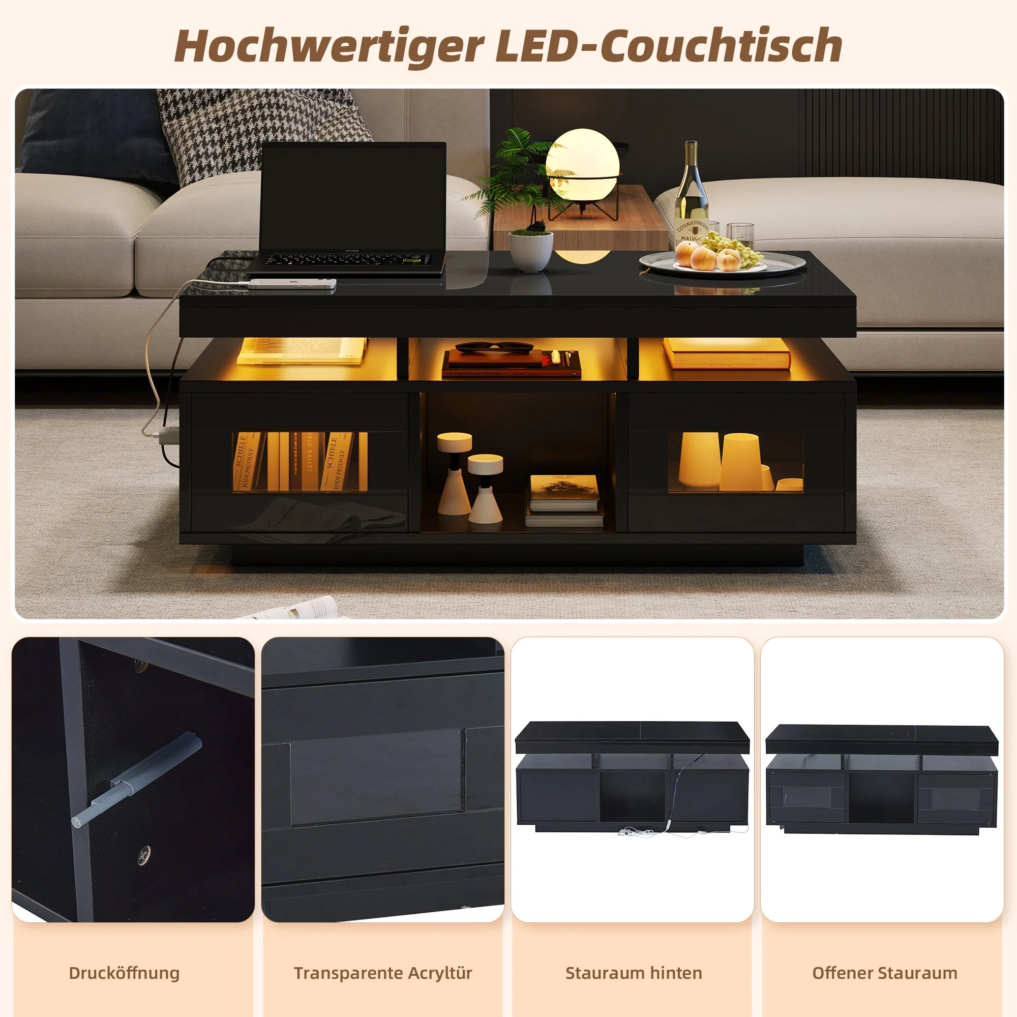 Coffee Table 100x50x43cm High-Gloss LED Lights Charging Port Black - Image 5