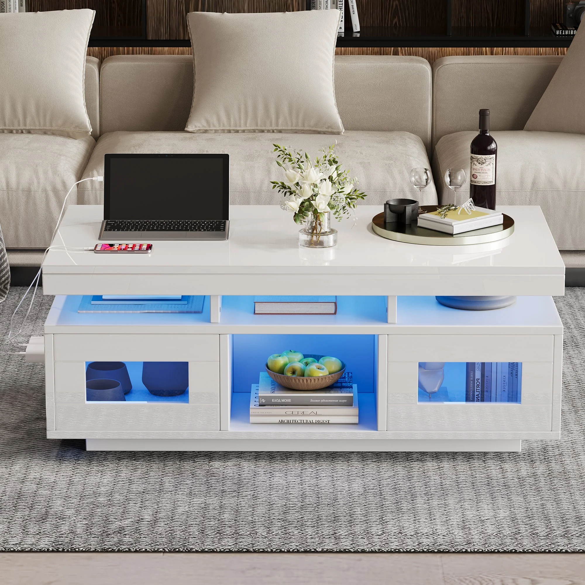 Coffee Table 100x50x43cm LED Lights Charging Port High-Gloss White - Image 6
