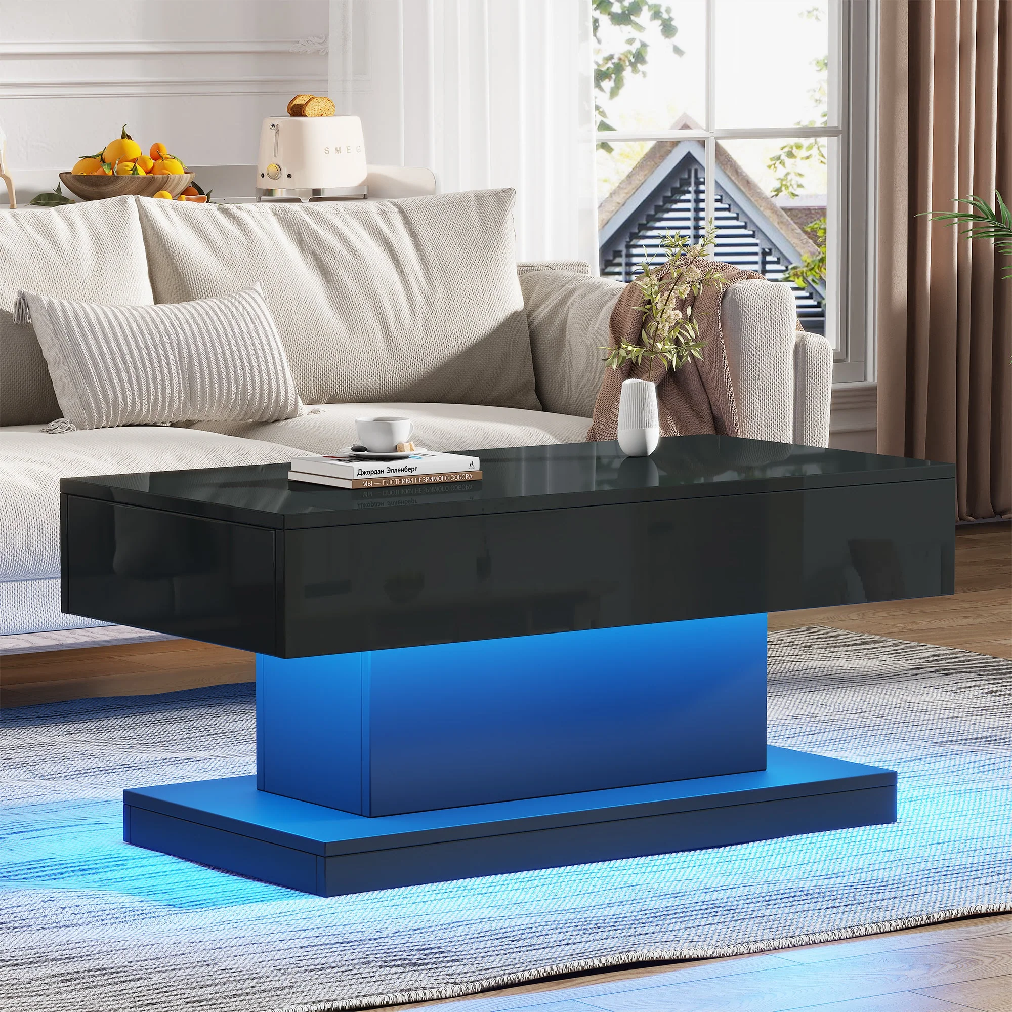 Coffee Table 100x50x45cm, 2 Drawers, LED Light, High-Gloss Black - Image 3