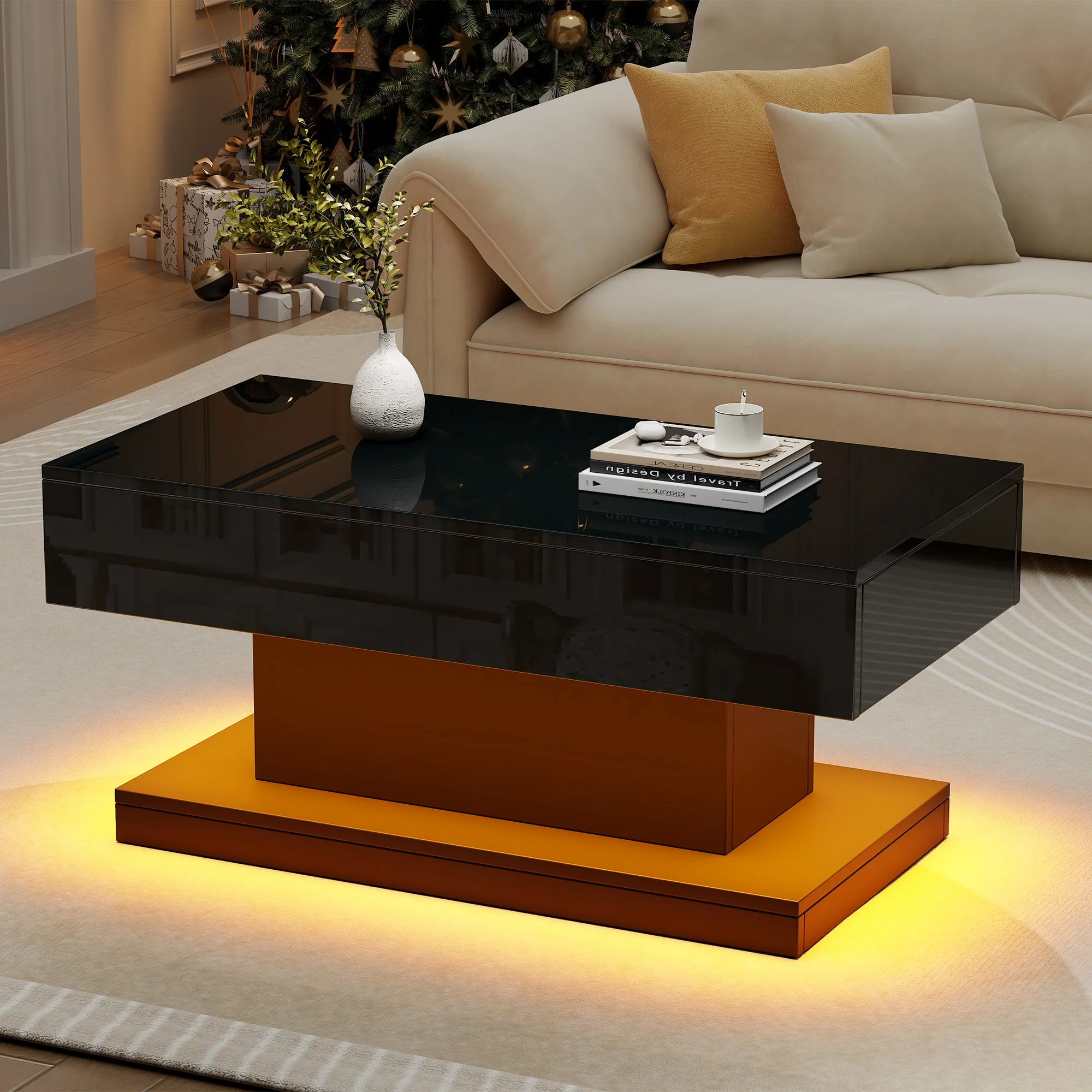 Coffee Table 100x50x45cm, 2 Drawers, LED Light, High-Gloss Black - Image 6