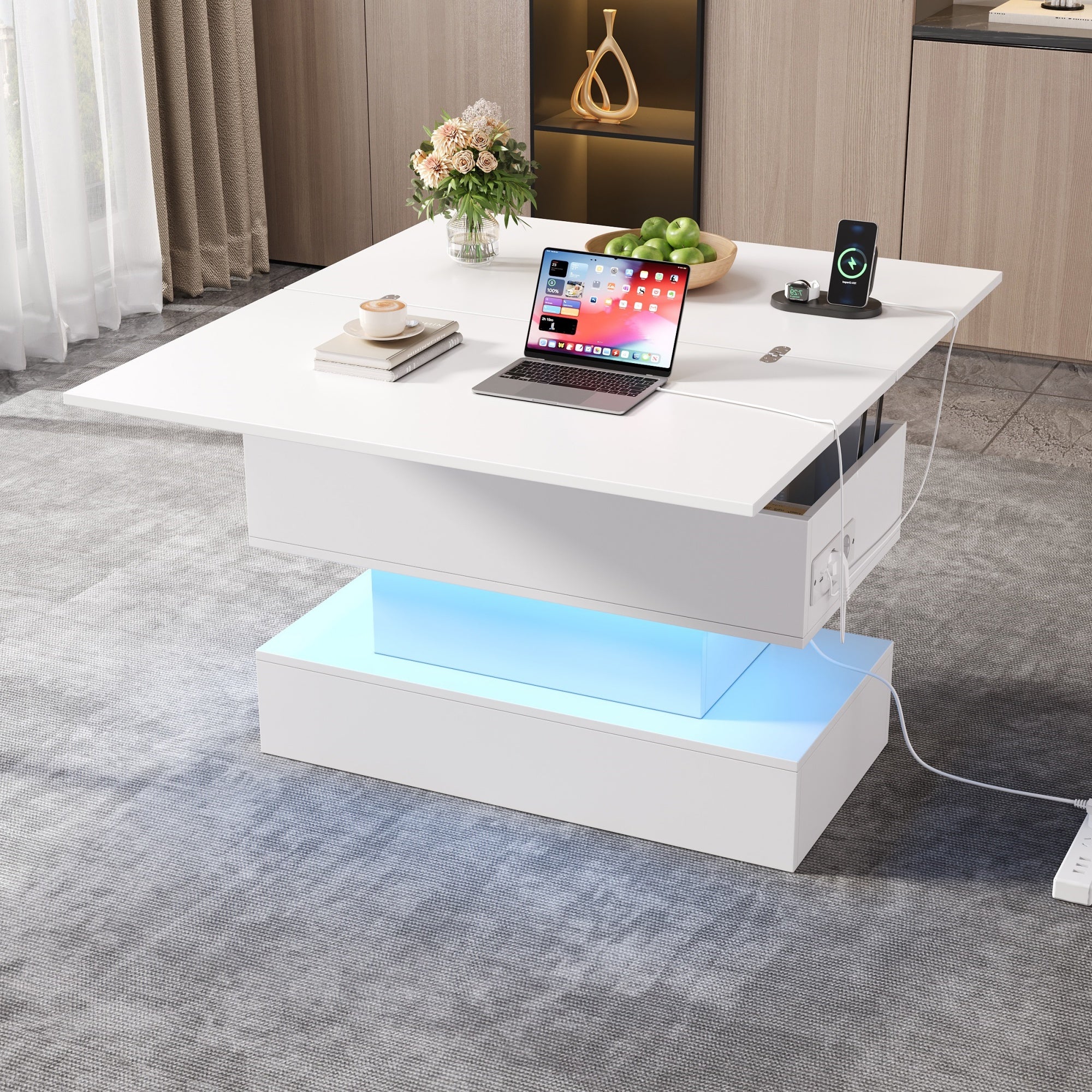 Coffee Table 100x50x51.5cm Lift-Top LED USB Power Outlet Storage, White - Image 3