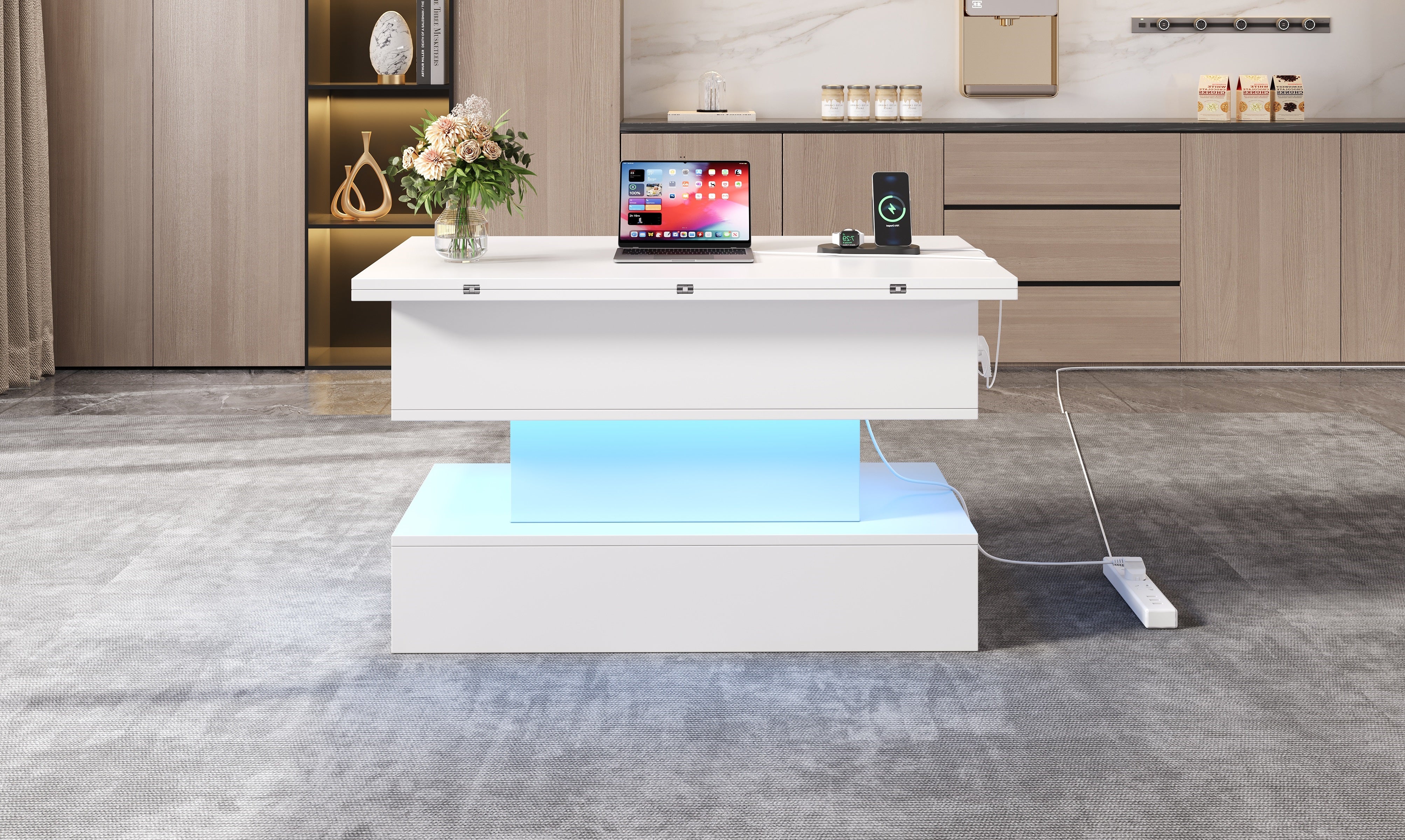 Coffee Table 100x50x51.5cm Lift-Top LED USB Power Outlet Storage, White - Image 4