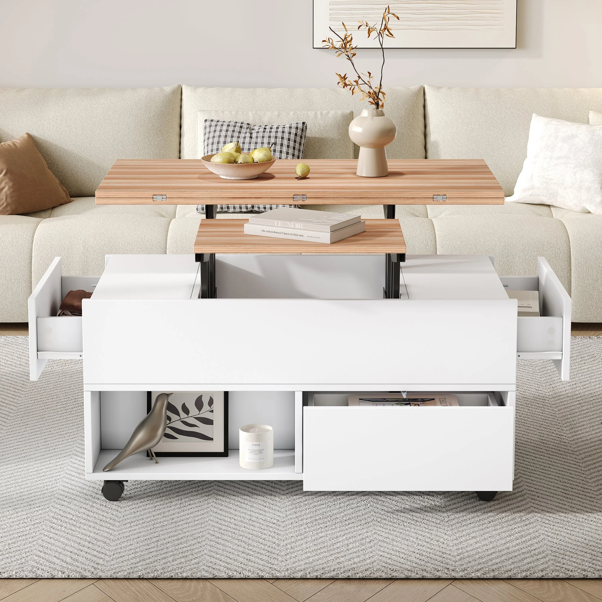 Coffee Table, 100x50x52cm Lift-Top with 4 Wheels & Drawers, White & Wood - Image 2