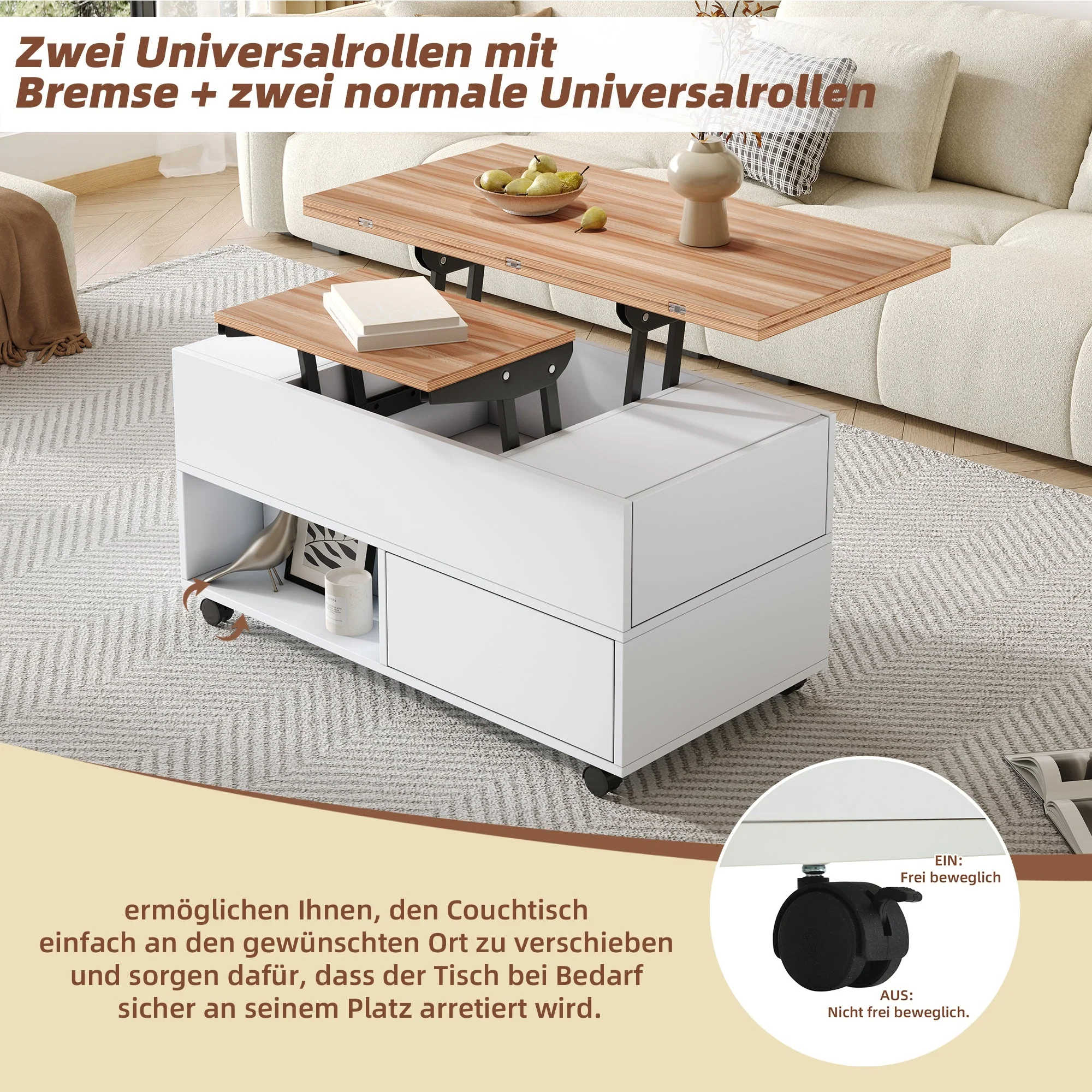 Coffee Table, 100x50x52cm Lift-Top with 4 Wheels & Drawers, White & Wood - Image 8