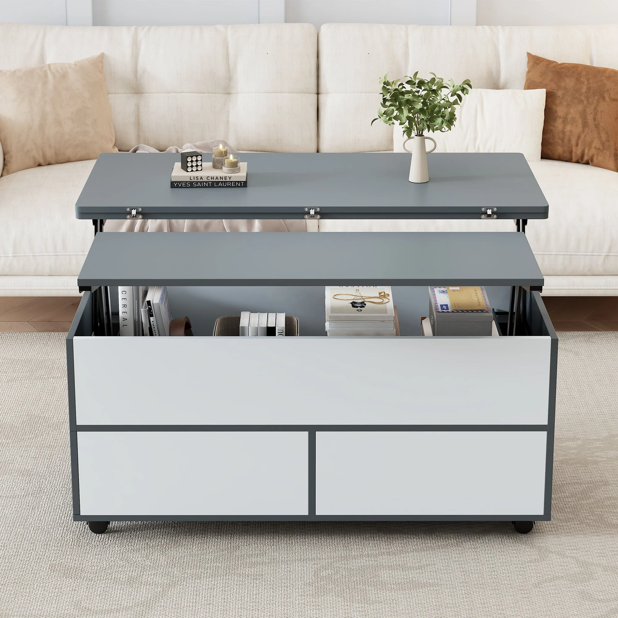 Coffee Table, 100x98x65cm Height-Adjustable Multifunctional with Hidden Storage & Wheels, Grey and White Splices - Image 2