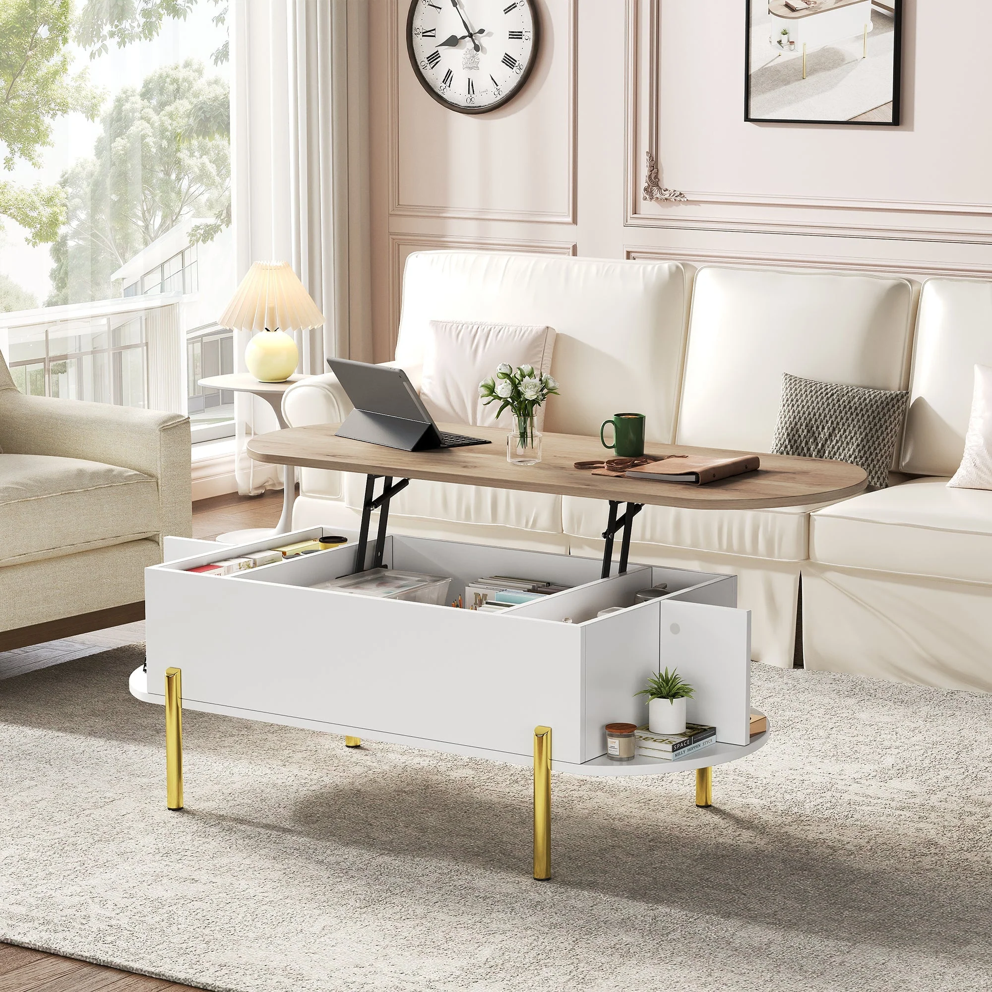 Coffee Table 120x50x43cm Height-Adjustable Hidden Storage 7 Shelves Wood/White - Image 5
