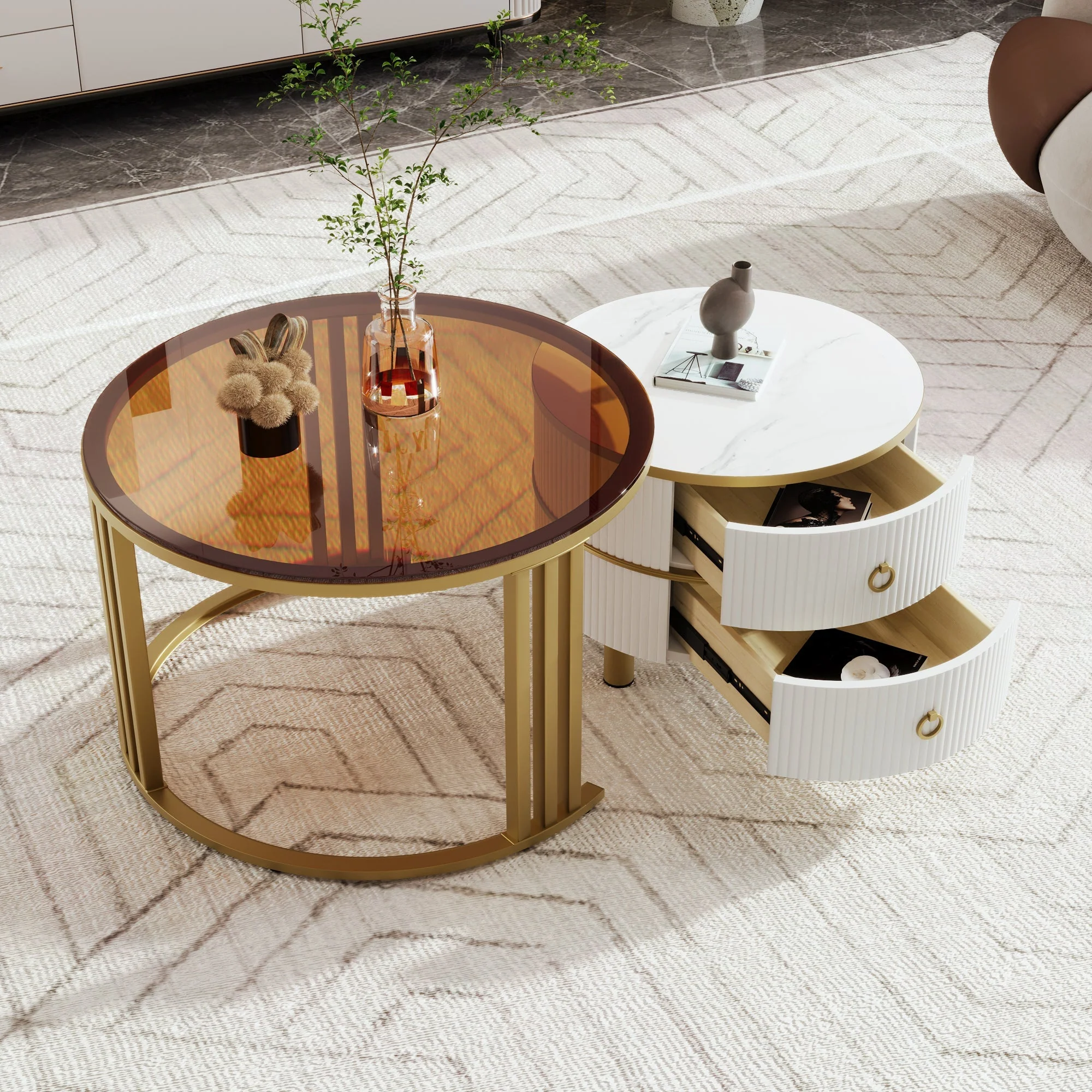 Coffee Table, 2-in-1 Round MDF & Tempered Glass with 2 Drawers, White & Brown - Image 2