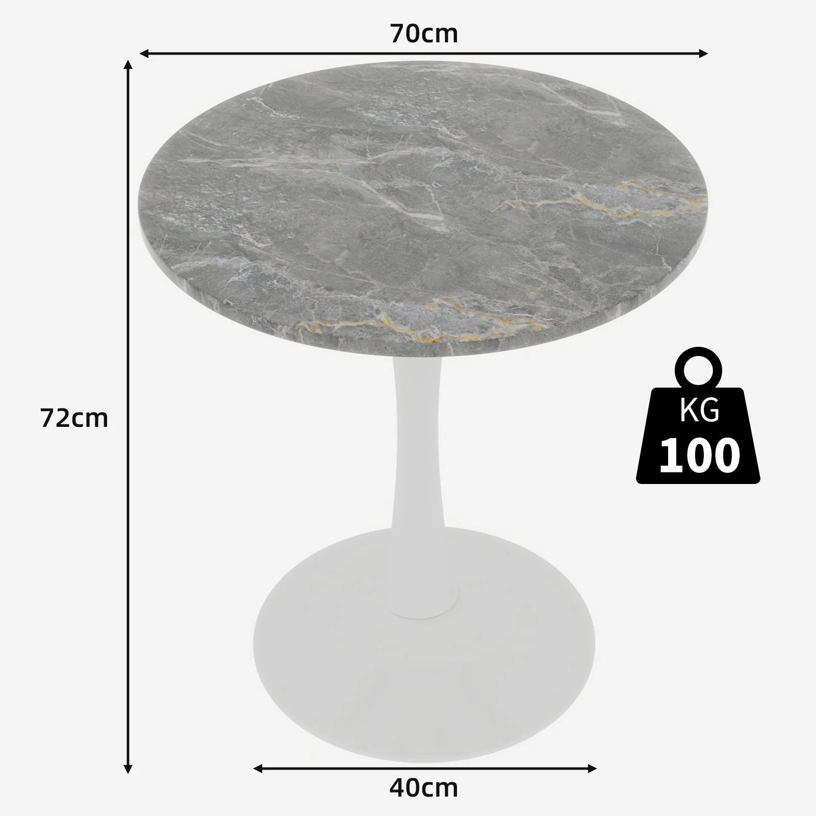 Coffee Table 27.6-inch Round Marble Top Mid-Century Modern - White/Gray Veined Finish - Image 5