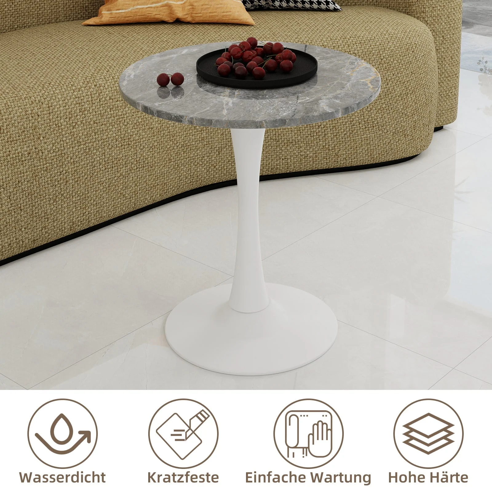 Coffee Table 27.6-inch Round Marble Top Mid-Century Modern - White/Gray Veined Finish - Image 8