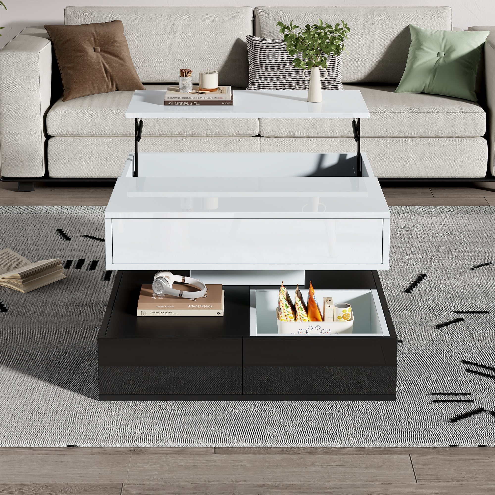 Coffee Table, 360° Rotating Top, 3 Drawers, Liftable, White & Black - Image 2