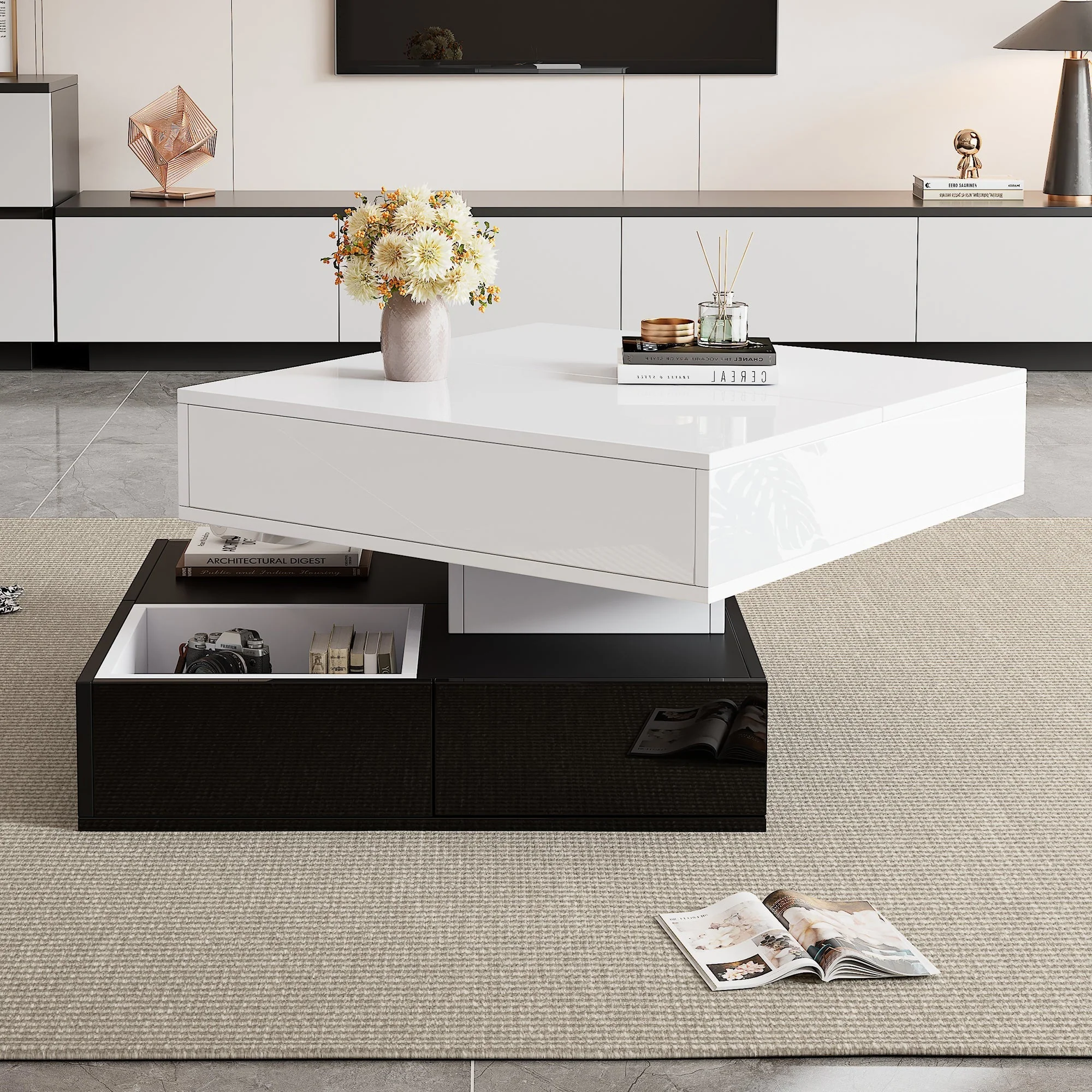Coffee Table, 360° Rotating Top, 3 Drawers, Liftable, White & Black - Image 3
