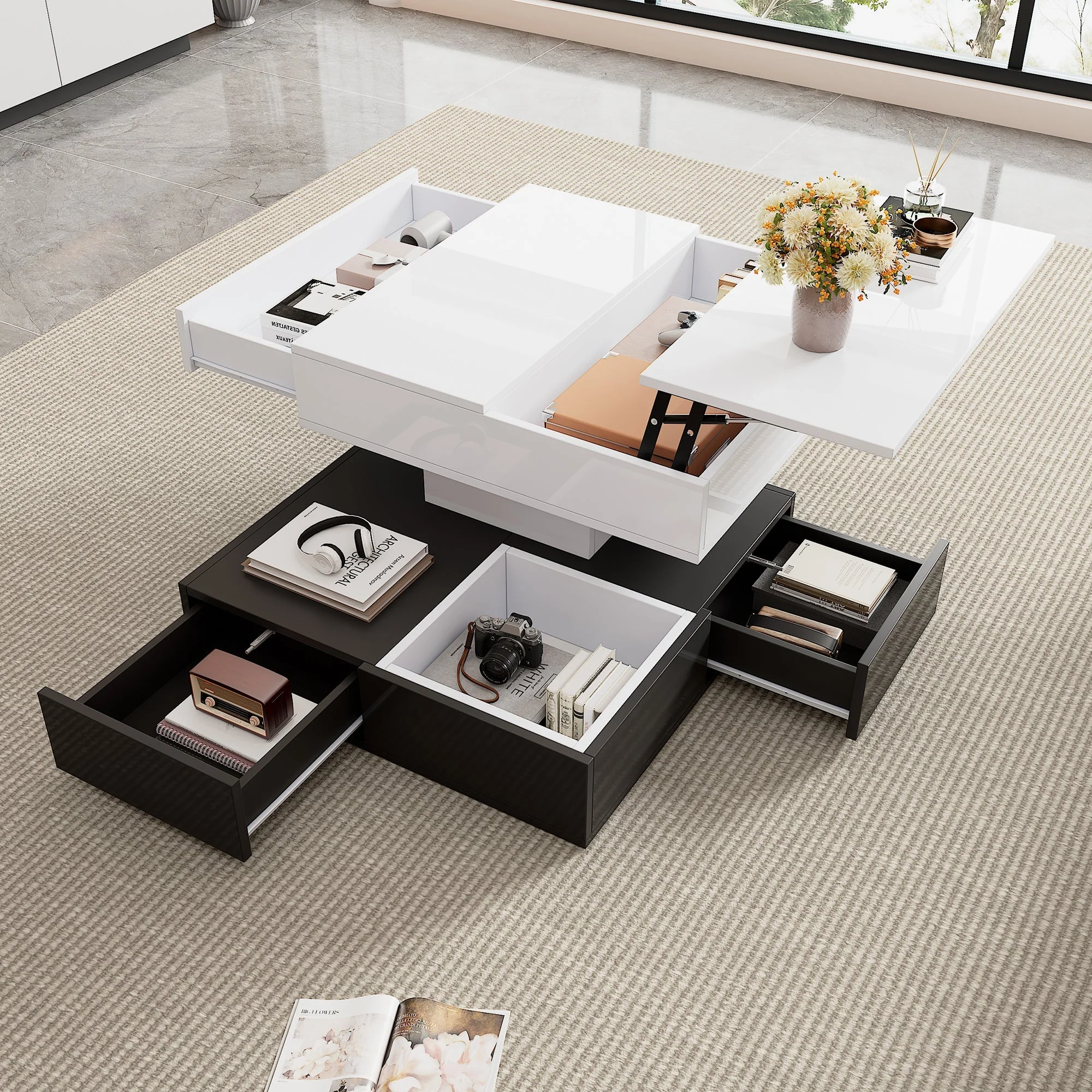 Coffee Table, 360° Rotating Top, 3 Drawers, Liftable, White & Black - Image 4