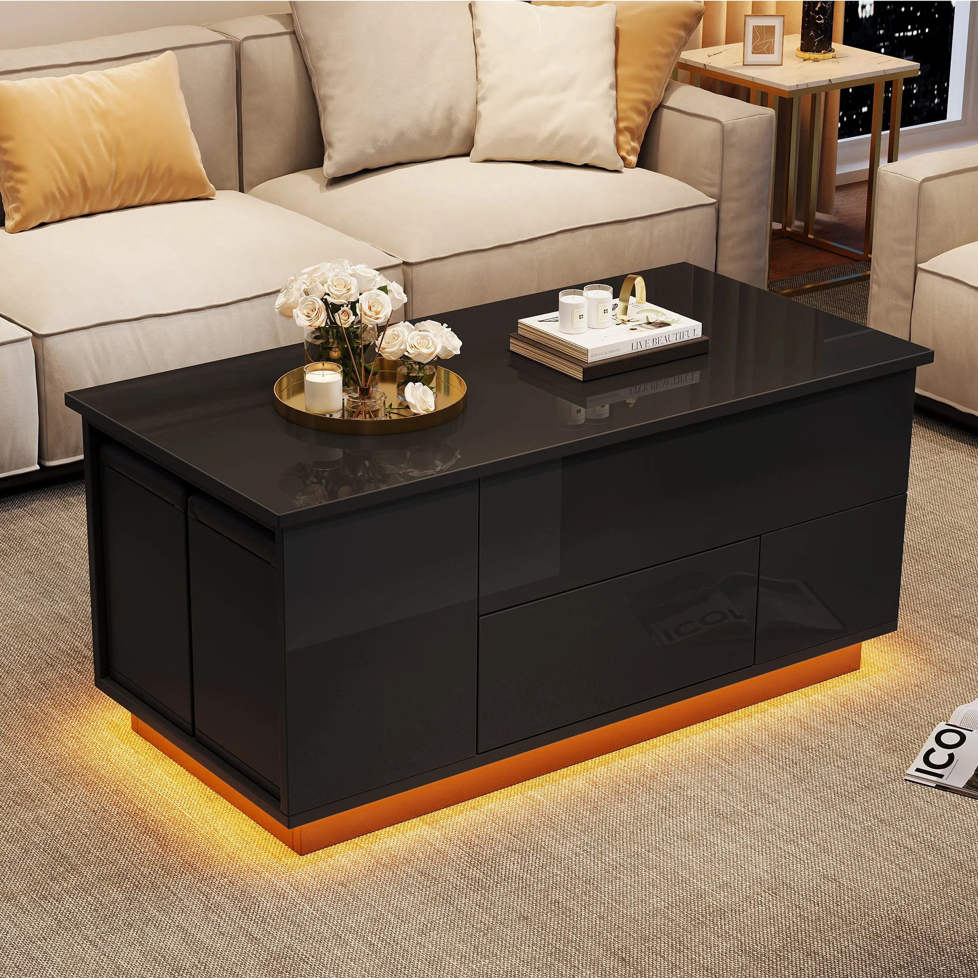 Coffee Table, 4-in-1 Height Adjustable LED with 2 Drawers, High-Gloss Black - Image 4