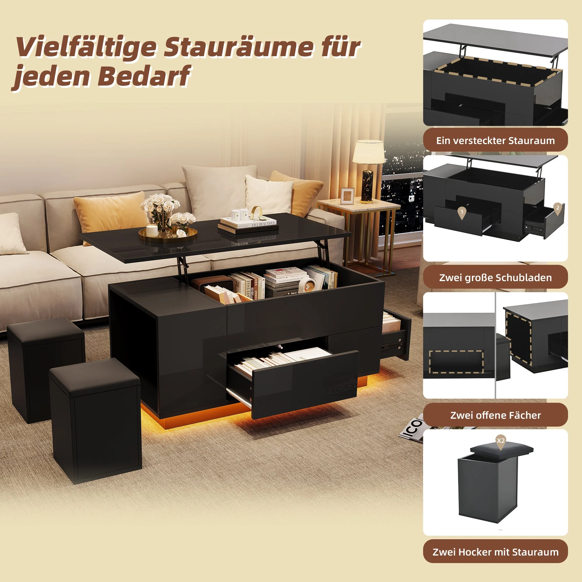 Coffee Table, 4-in-1 Height Adjustable LED with 2 Drawers, High-Gloss Black - Image 7