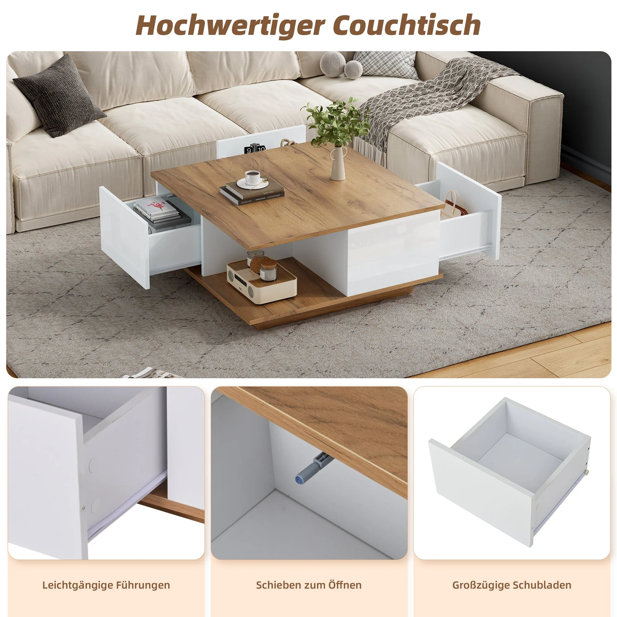 Coffee Table 70x70x31.5cm, 3 Drawers, High-Gloss, White & Original Wood Color - Image 8