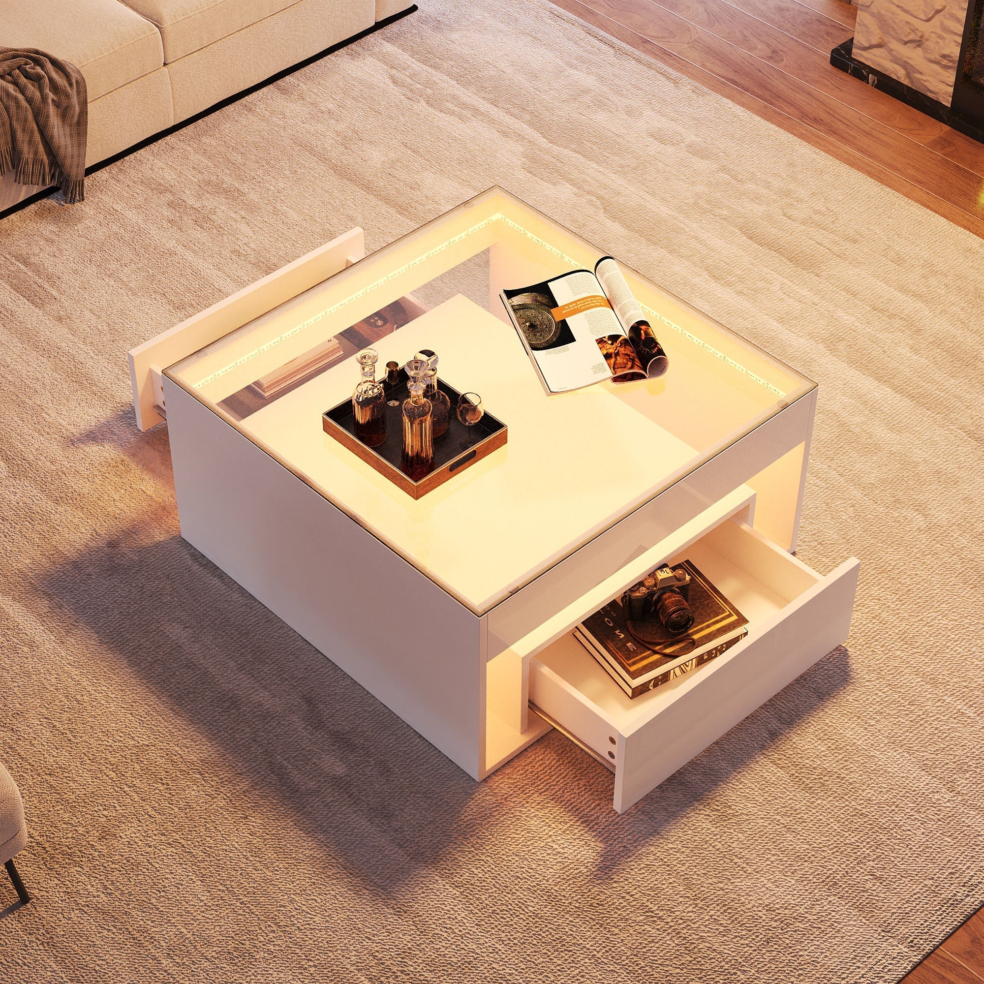 Coffee Table 70x70x35cm High-Gloss LED 2 Drawers Tempered Glass White - Image 5