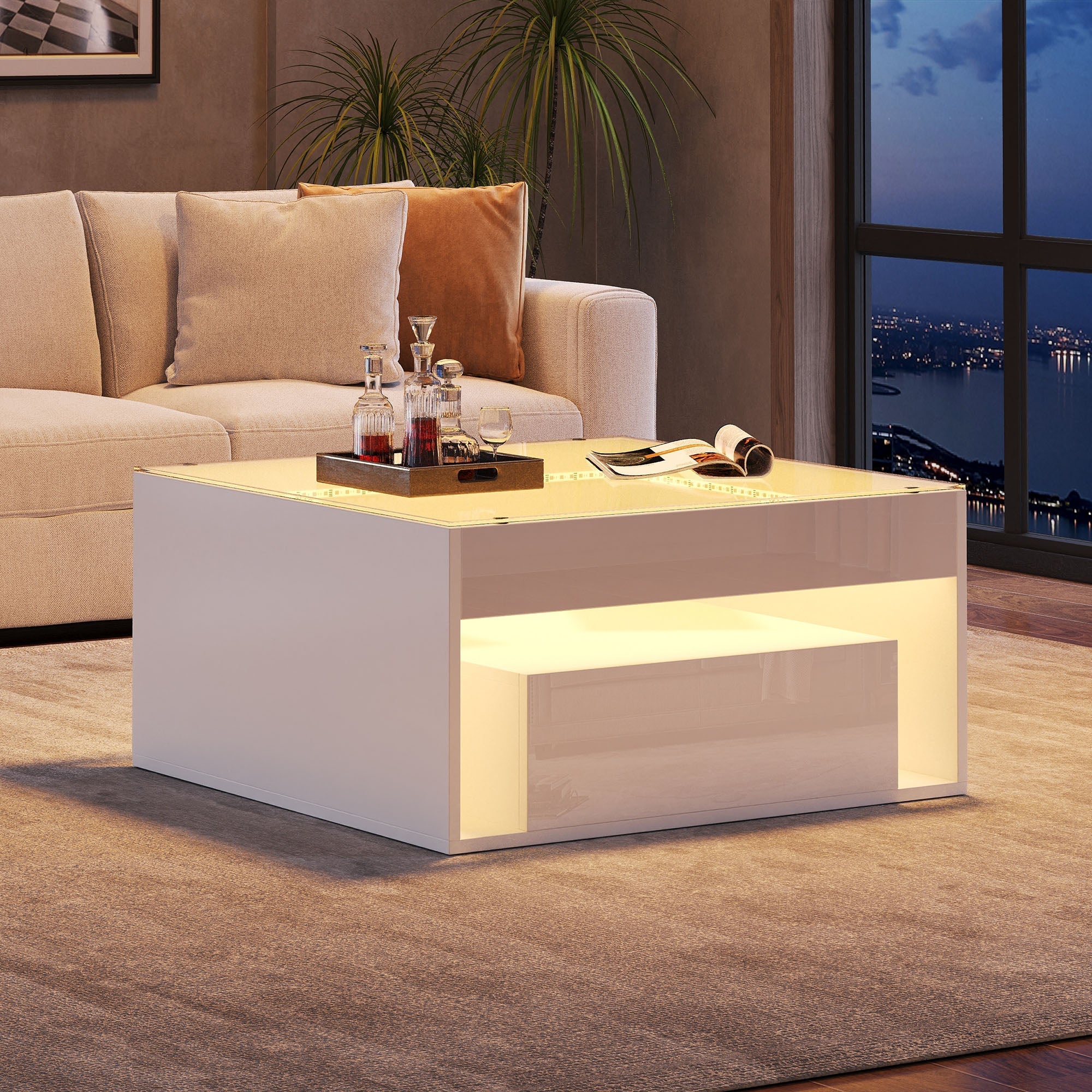 Coffee Table 70x70x35cm High-Gloss LED 2 Drawers Tempered Glass White - Image 6