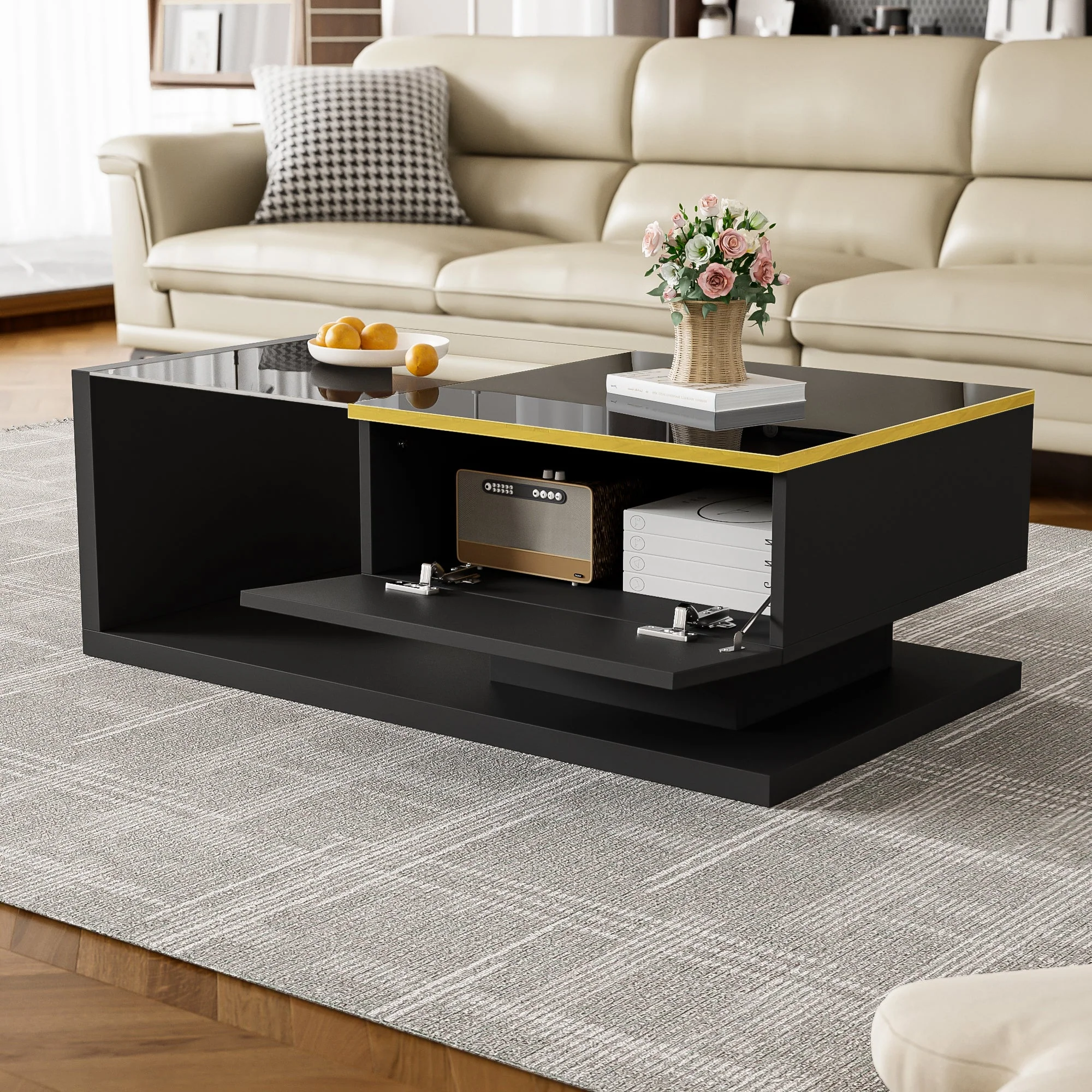 Coffee Table 90cm Long, High-Gloss Black with Glass & LED - Image 5