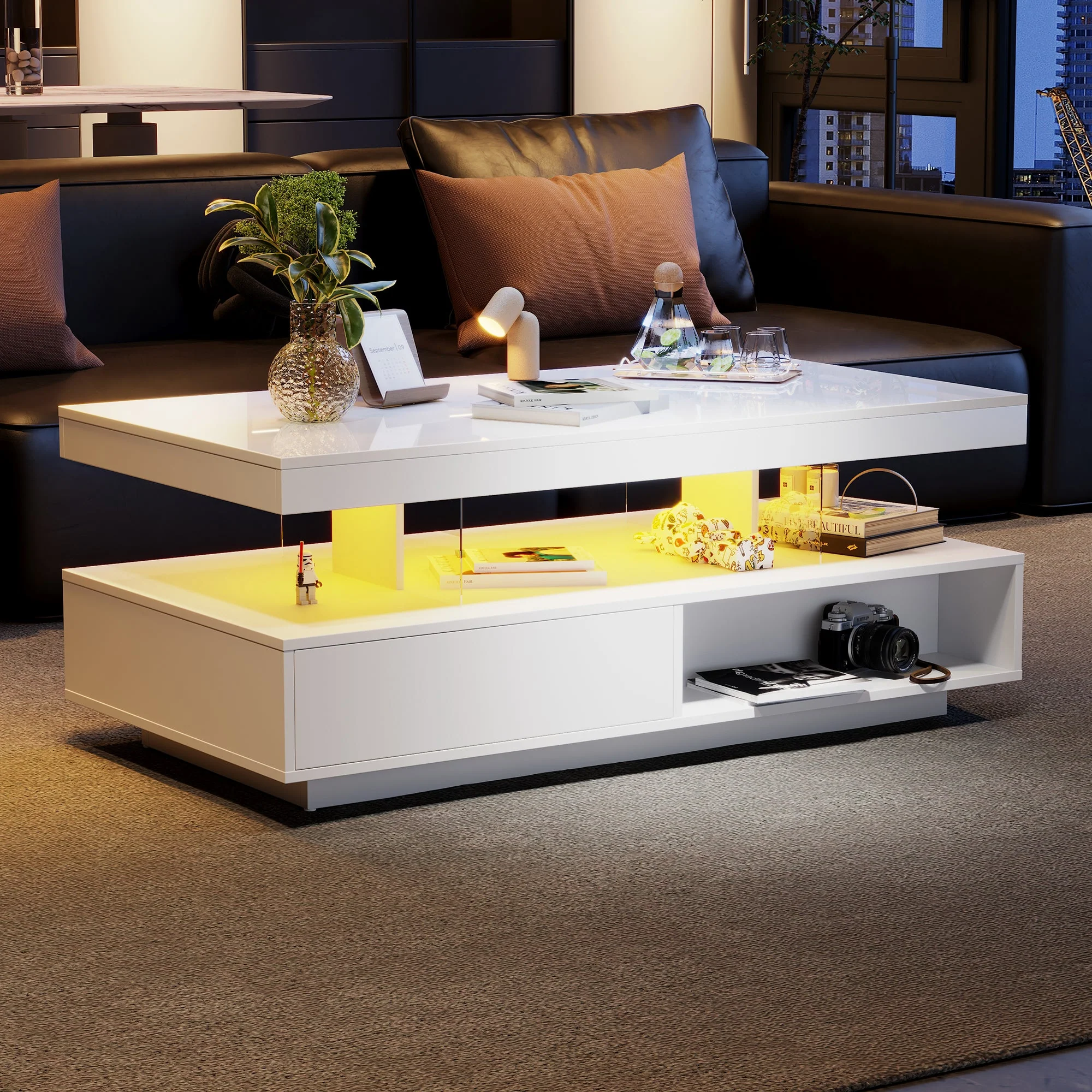 Coffee Table 95x50x42.5 cm with 4 Glass Tops, 2 Drawers, 2 Open Compartments, White High-Gloss - Image 2